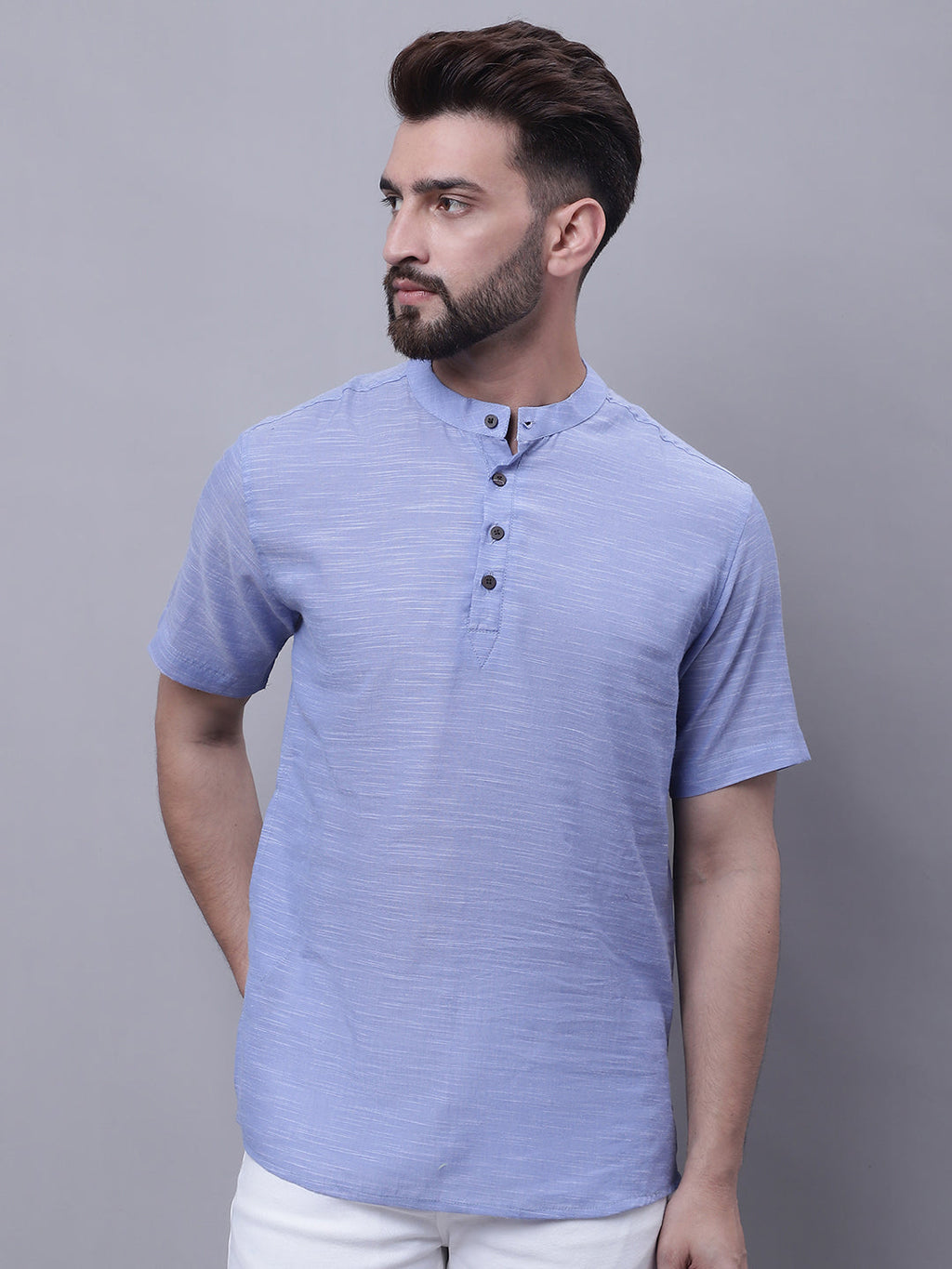 Even Apparels Blue Pure Cotton Short Kurta With Band Collar