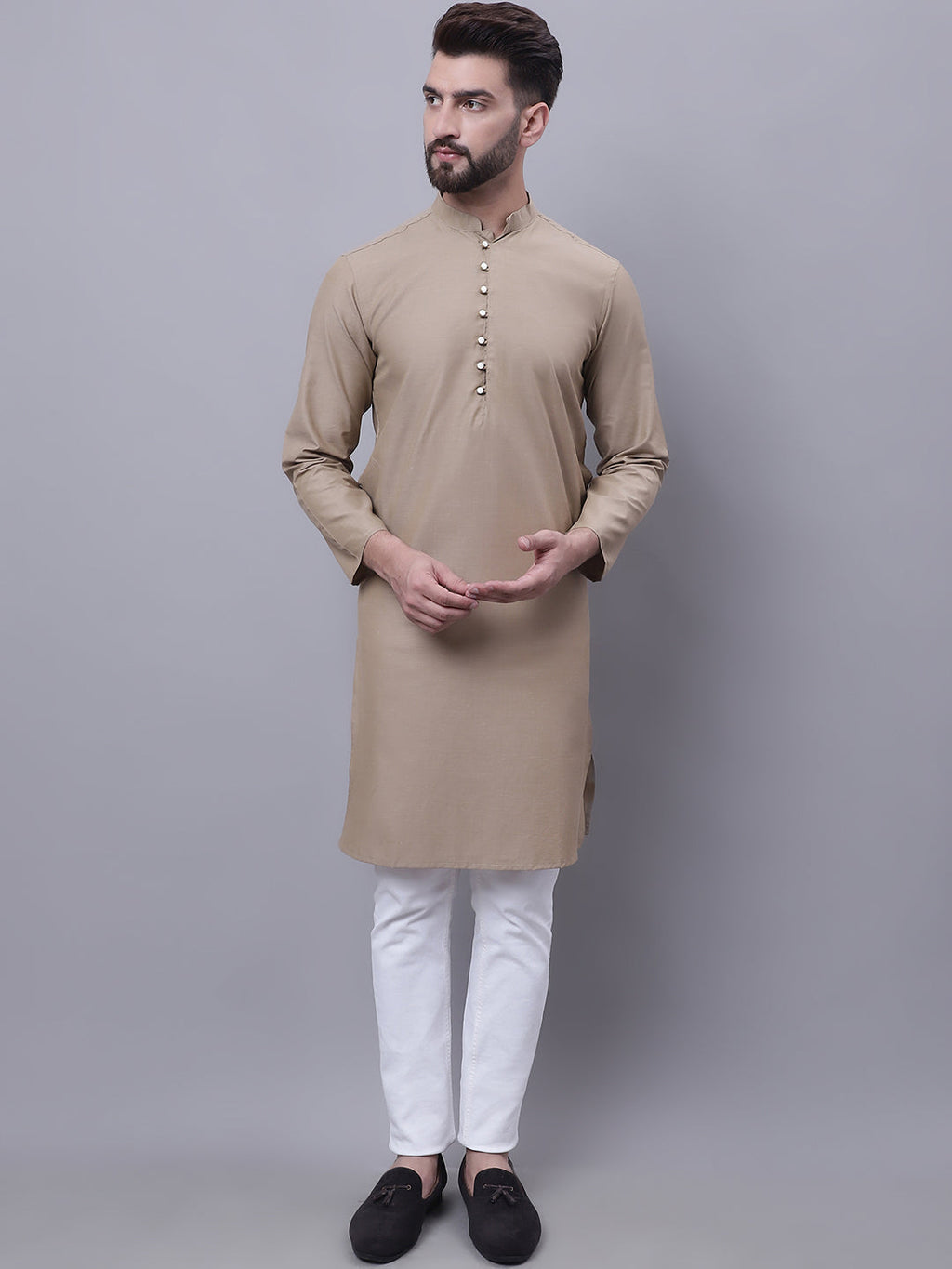 Even Apparels Beige Pure Cotton Kurta With Band Collar