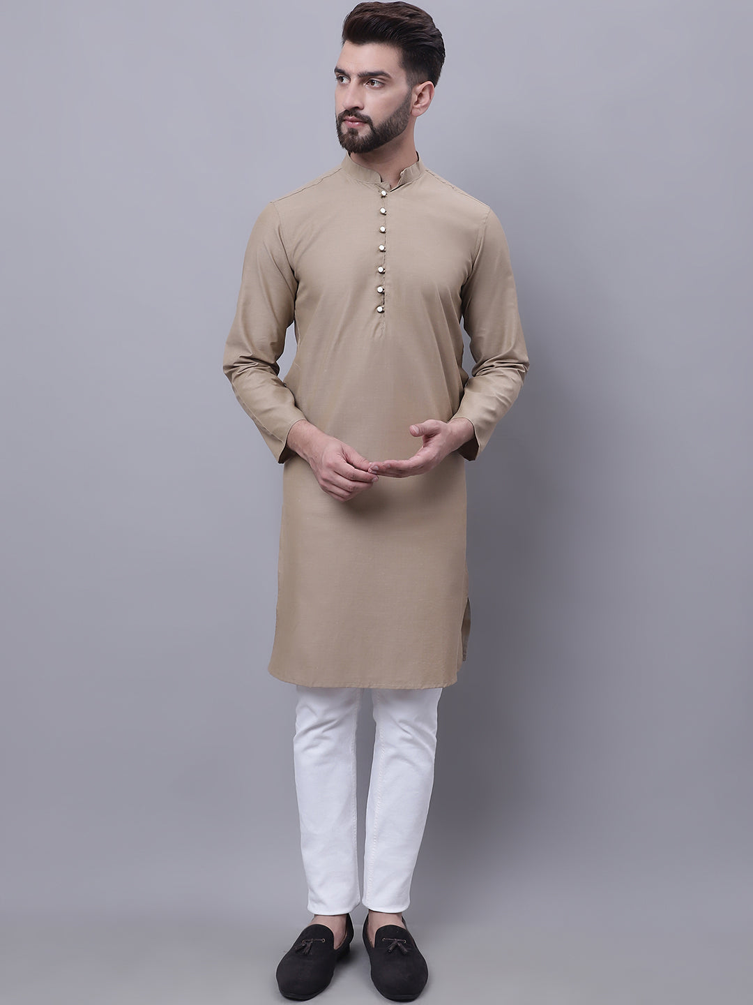 Even Apparels Beige Pure Cotton Kurta With Band Collar