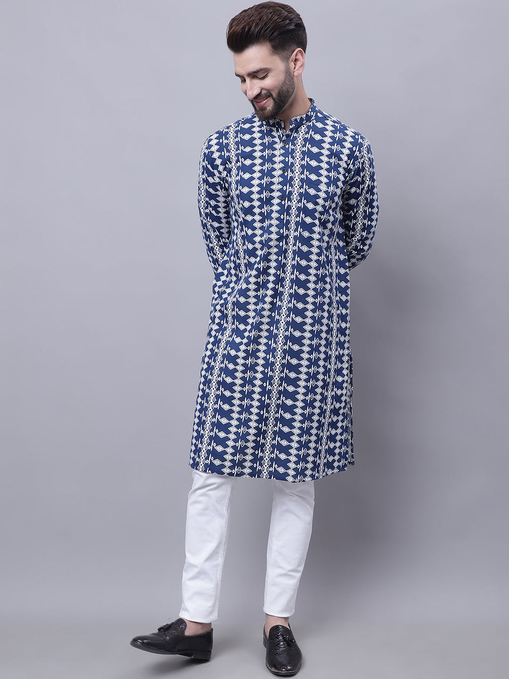 Even Apparels Blue Pure Cotton Kurta With Band Collar