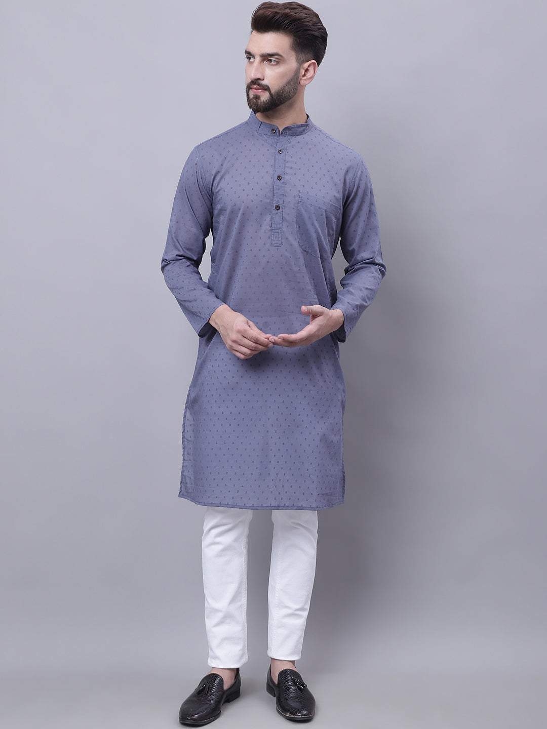 Even Apparels Grey Pure Cotton Kurta With Band Collar