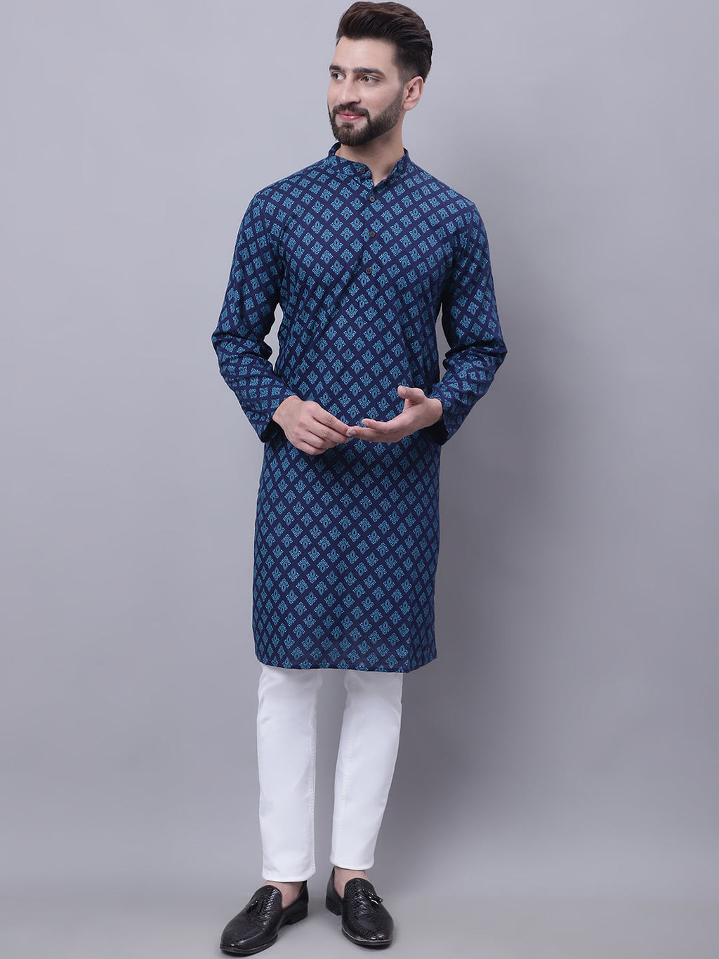 Even Apparels Blue Pure Cotton Kurta With Band Collar