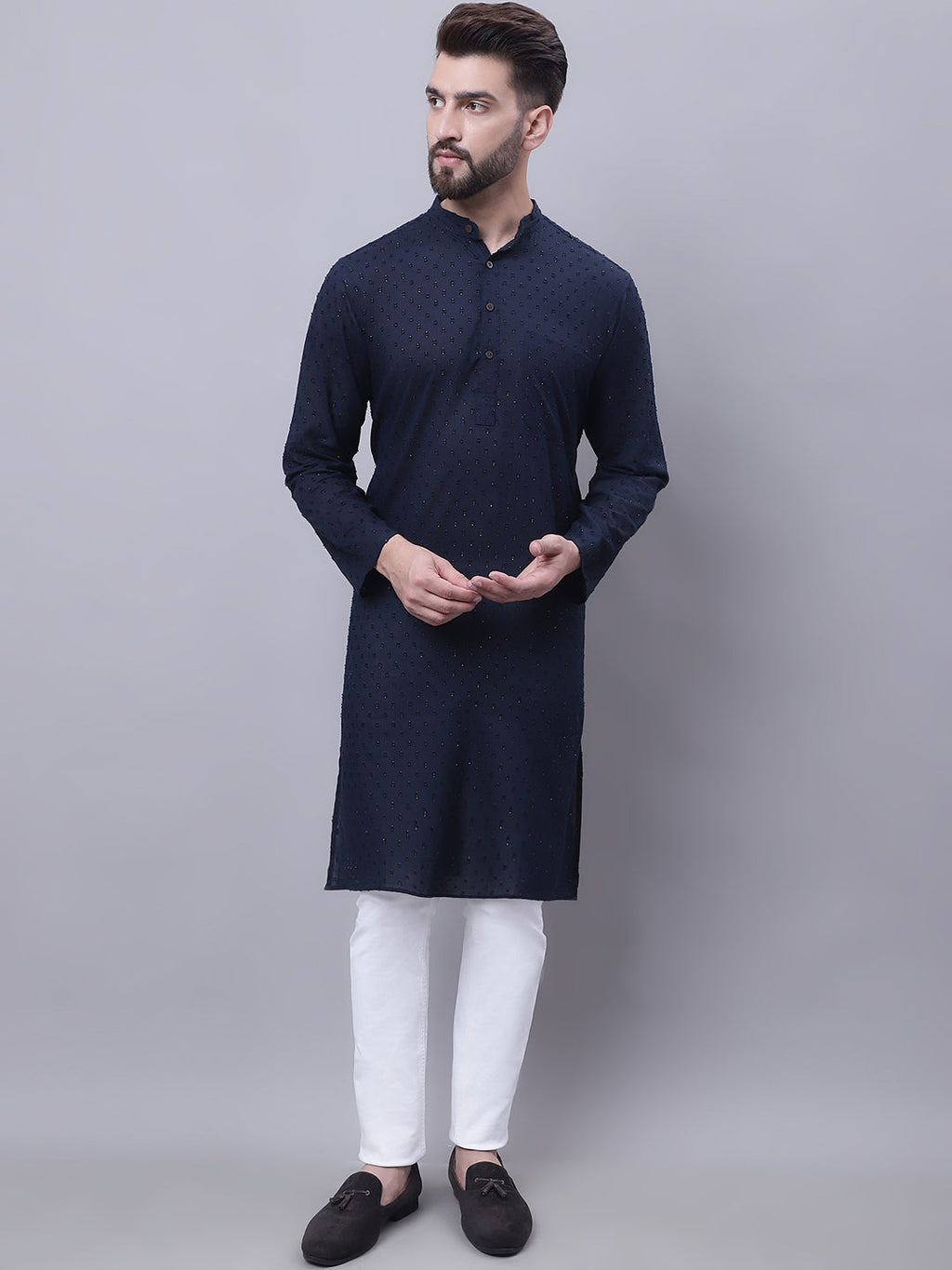 Even Apparels Blue Pure Cotton Kurta With Band Collar