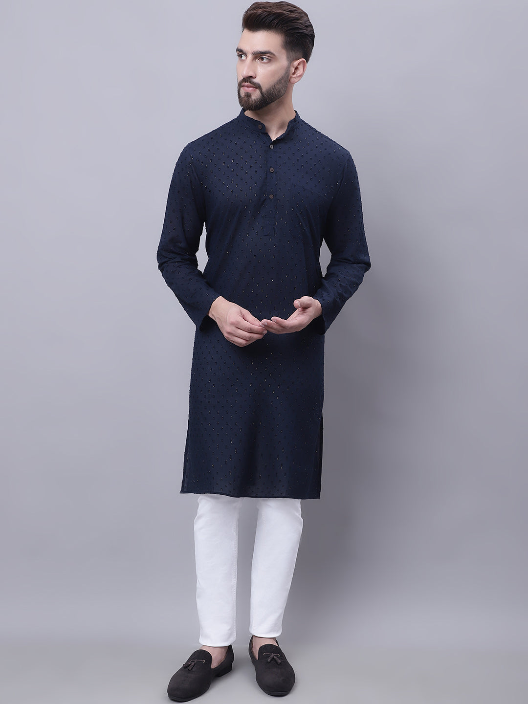 Even Apparels Blue Pure Cotton Kurta With Band Collar