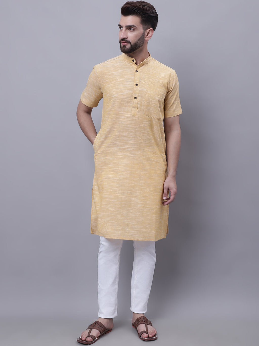 Even Apparels Yellow Pure Cotton Short Sleeves Kurta With Band Collar