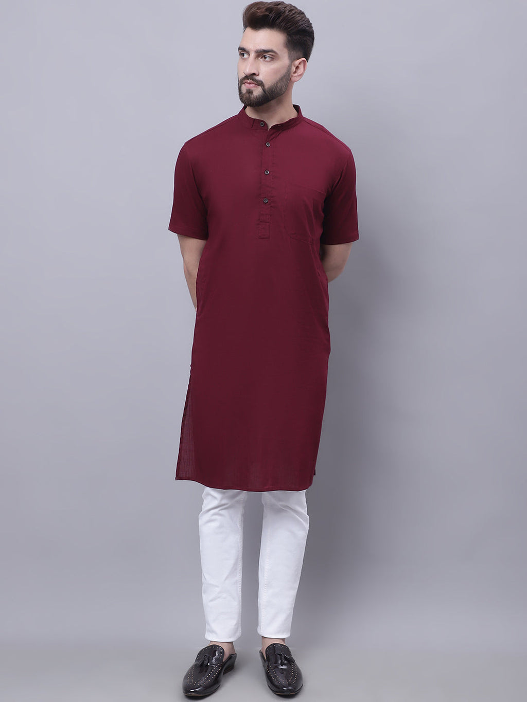 Even Apparels Red Pure Cotton Short Sleeves Kurta With Band Collar