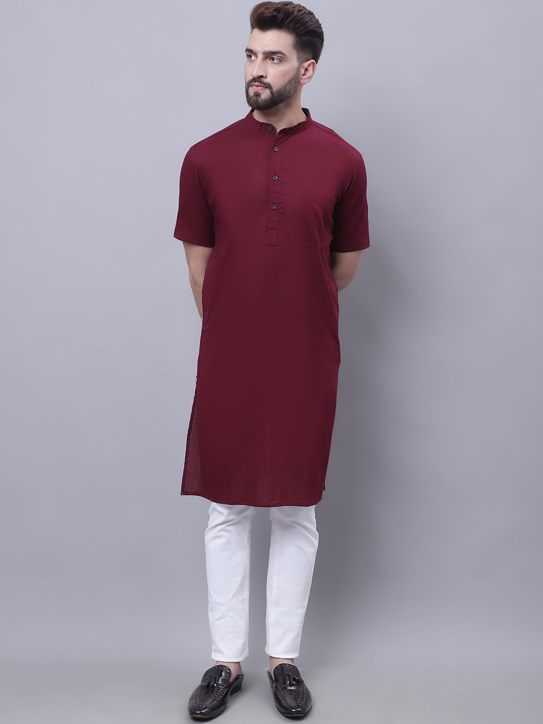 Even Apparels Red Pure Cotton Short Sleeves Kurta With Band Collar