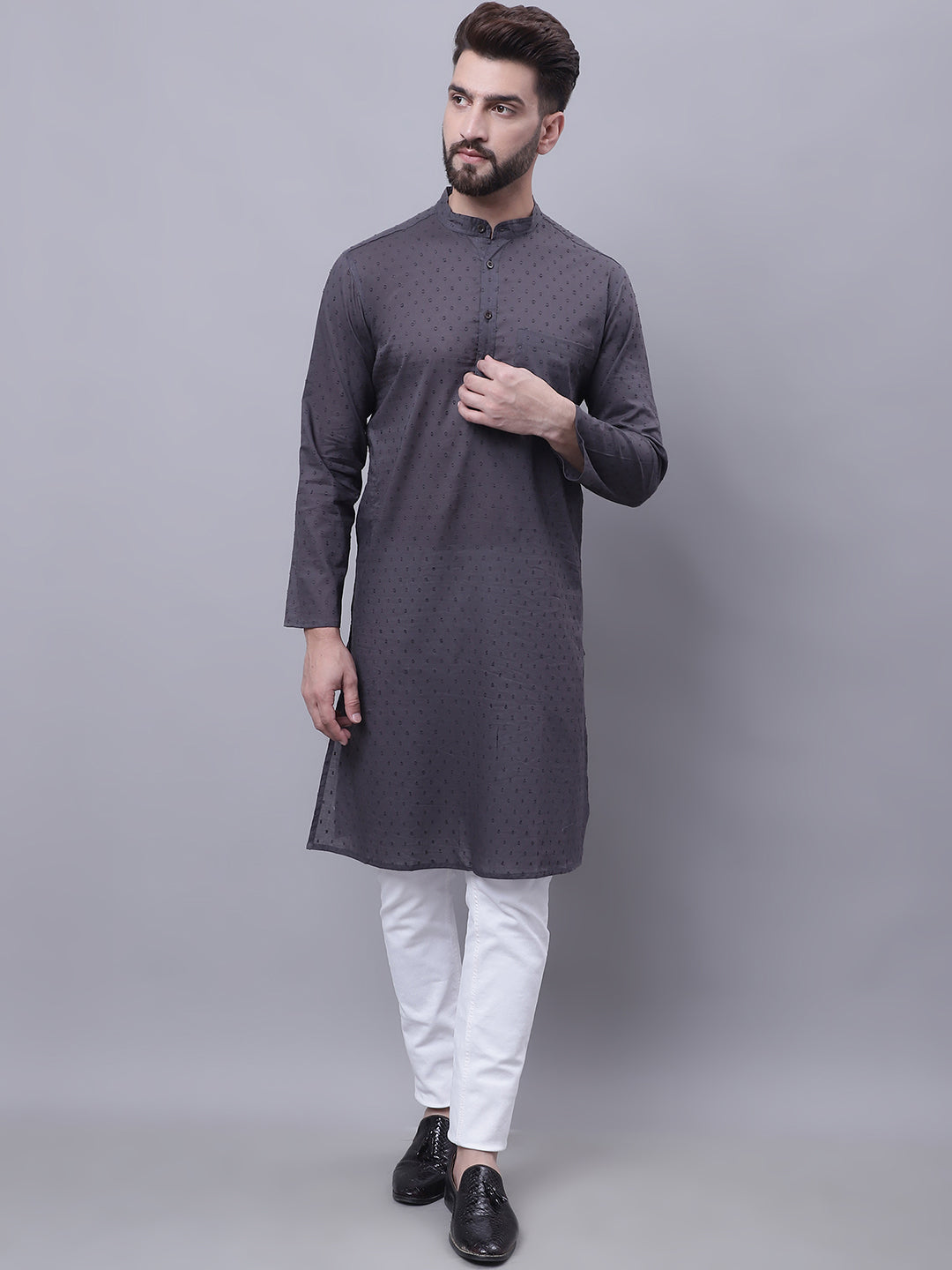 Even Apparels Grey Pure Cotton Kurta With Band Collar