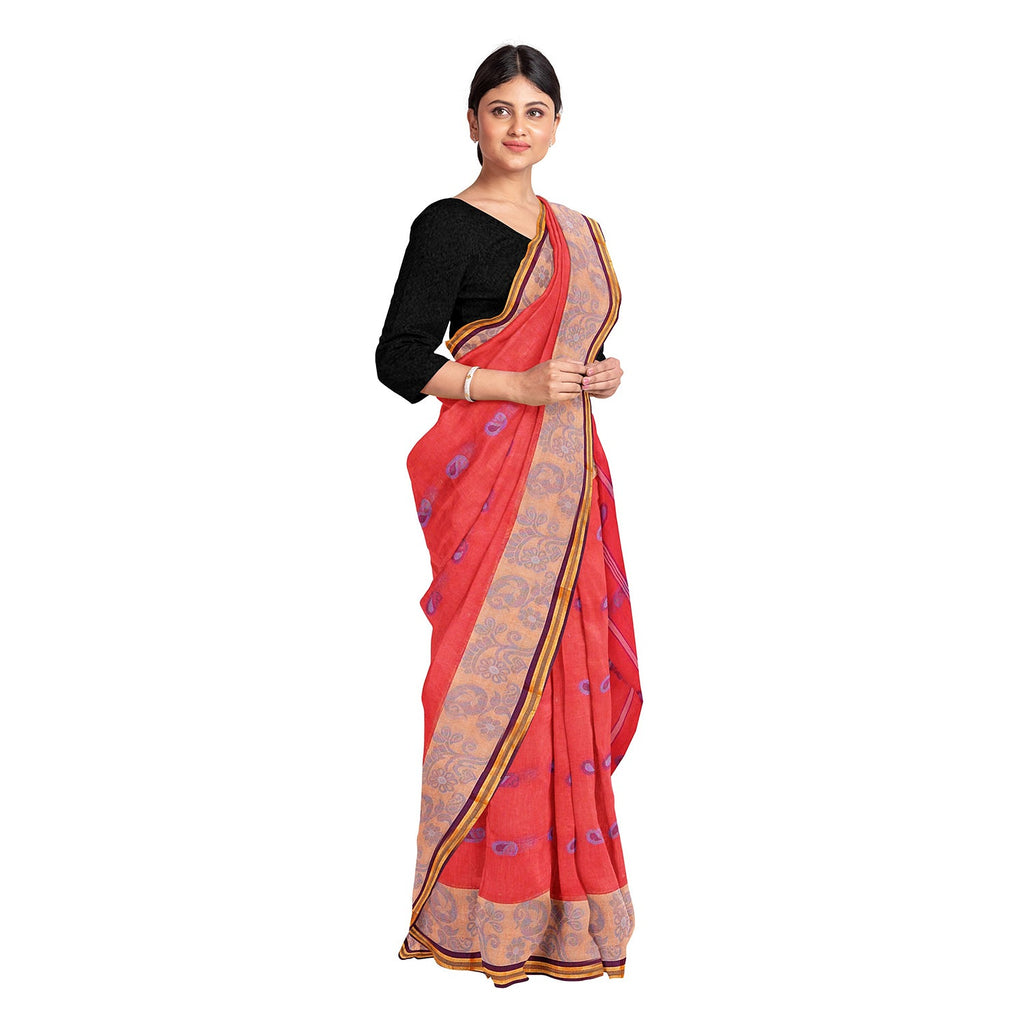 Exclusive Collection 100% Pure Cotton Red Tant Saree With Hand Weaving Work