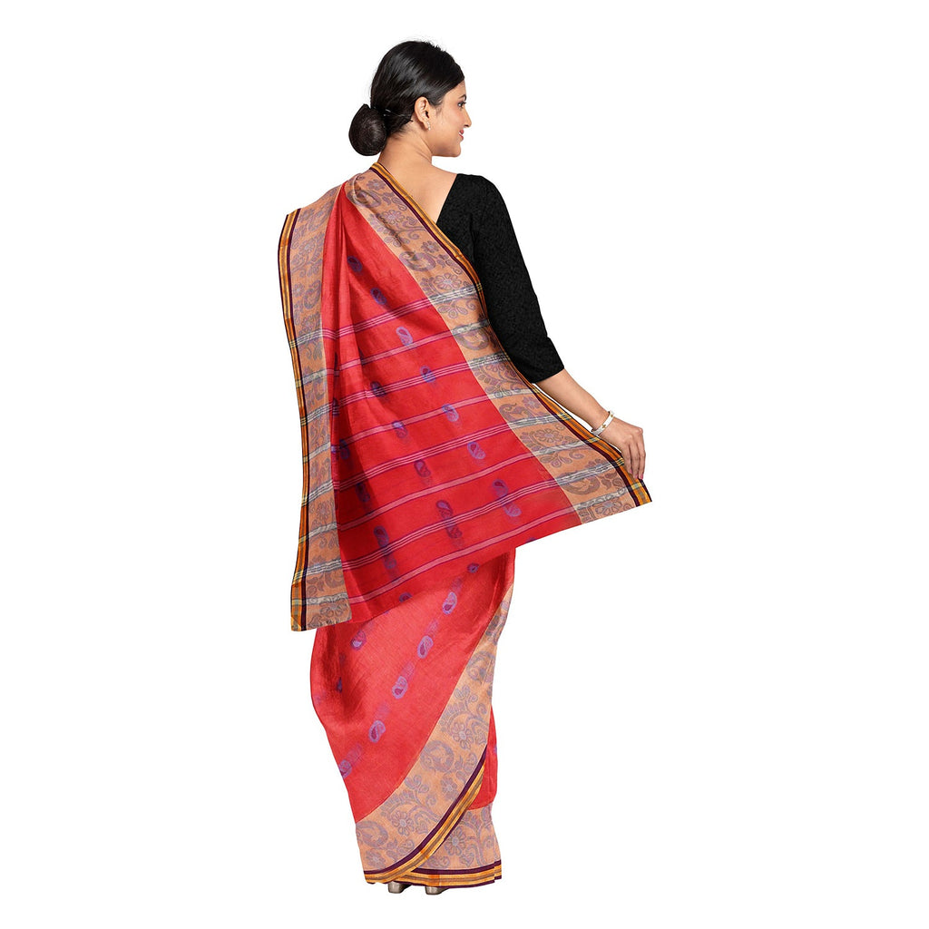 Exclusive Collection 100% Pure Cotton Red Tant Saree With Hand Weaving Work