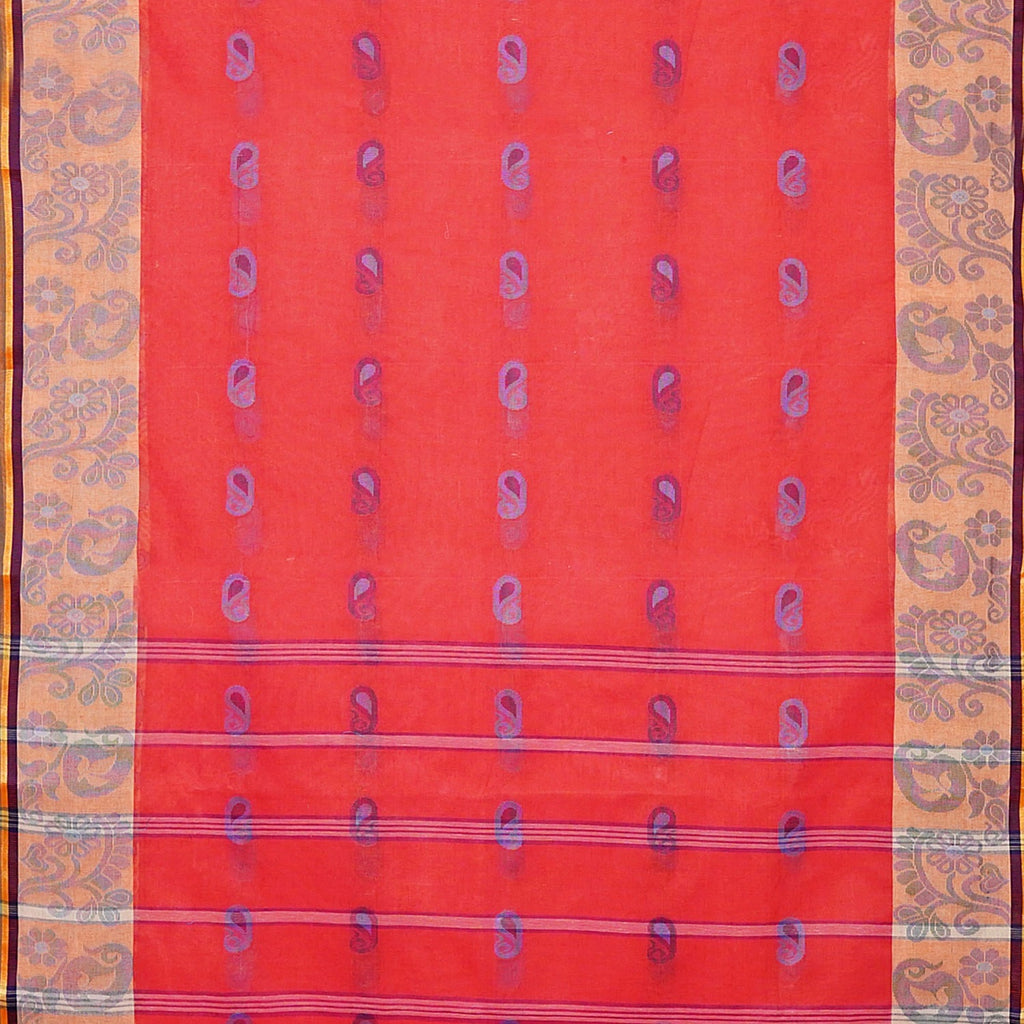 Exclusive Collection 100% Pure Cotton Red Tant Saree With Hand Weaving Work
