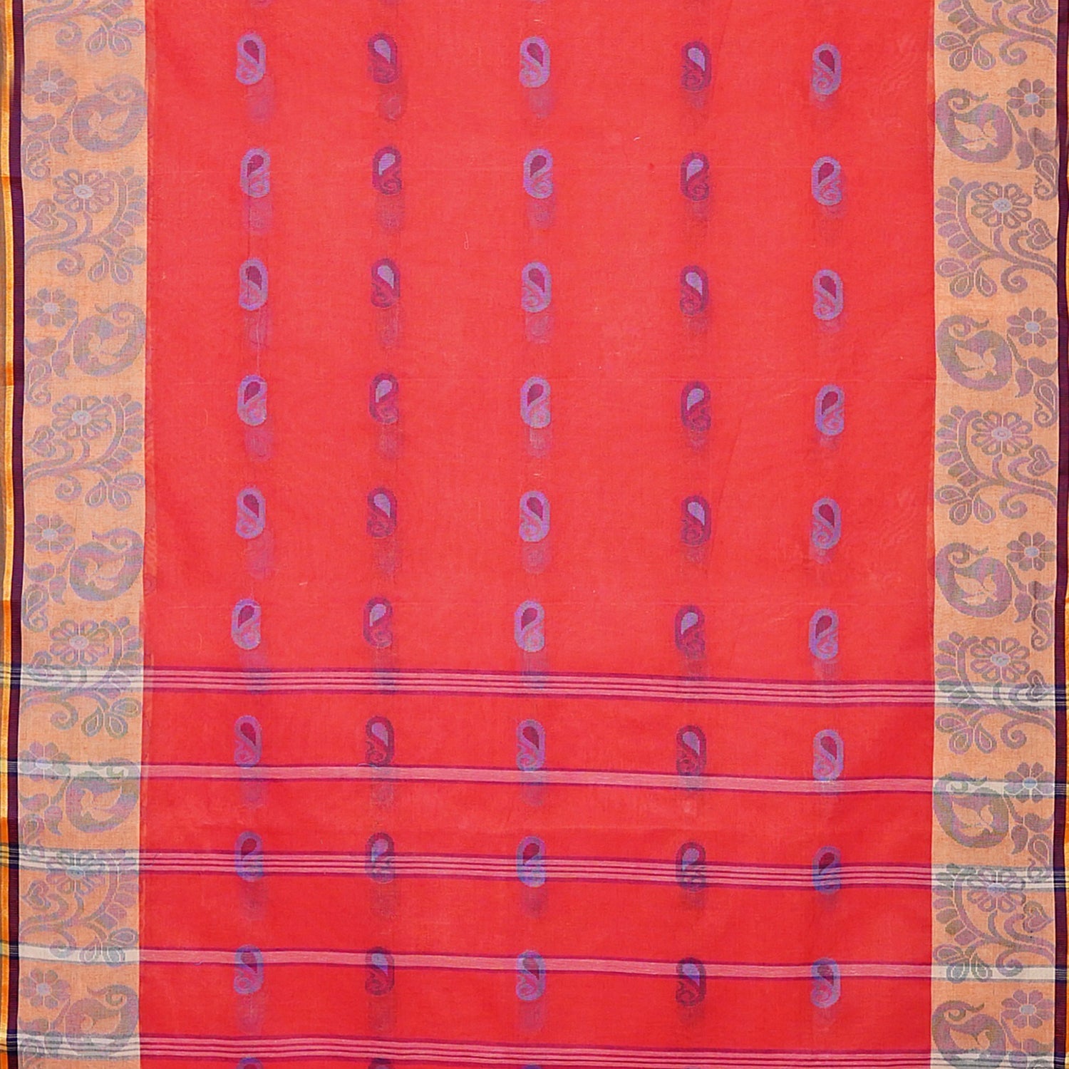 Exclusive Collection 100% Pure Cotton Red Tant Saree With Hand Weaving Work