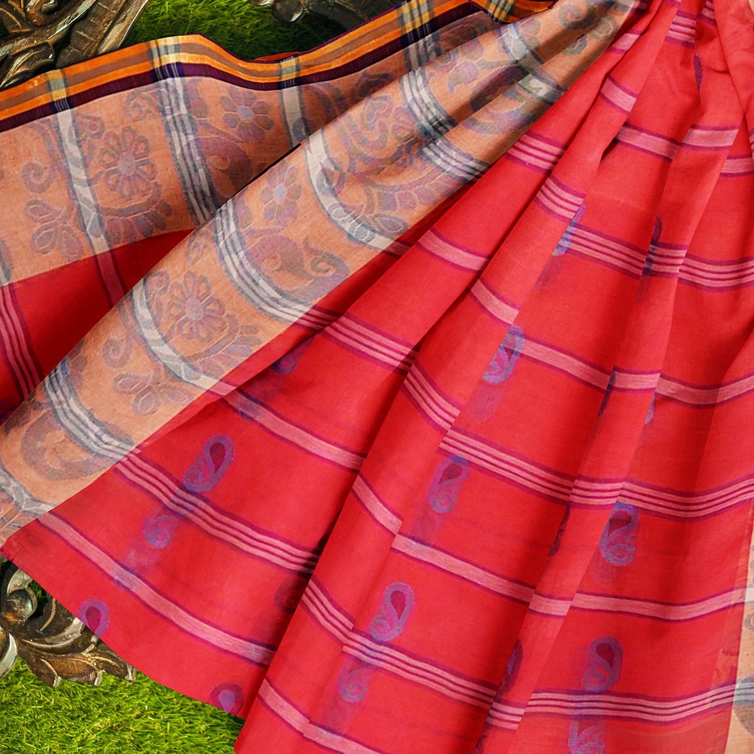 Exclusive Collection 100% Pure Cotton Red Tant Saree With Hand Weaving Work
