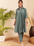 InWeave Women's Light Mint Collared Neck Flared Kurta Pant Set