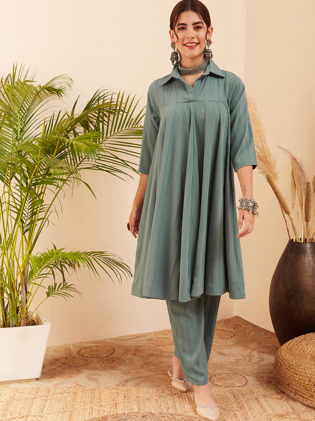 InWeave Women's Light Mint Collared Neck Flared Kurta Pant Set