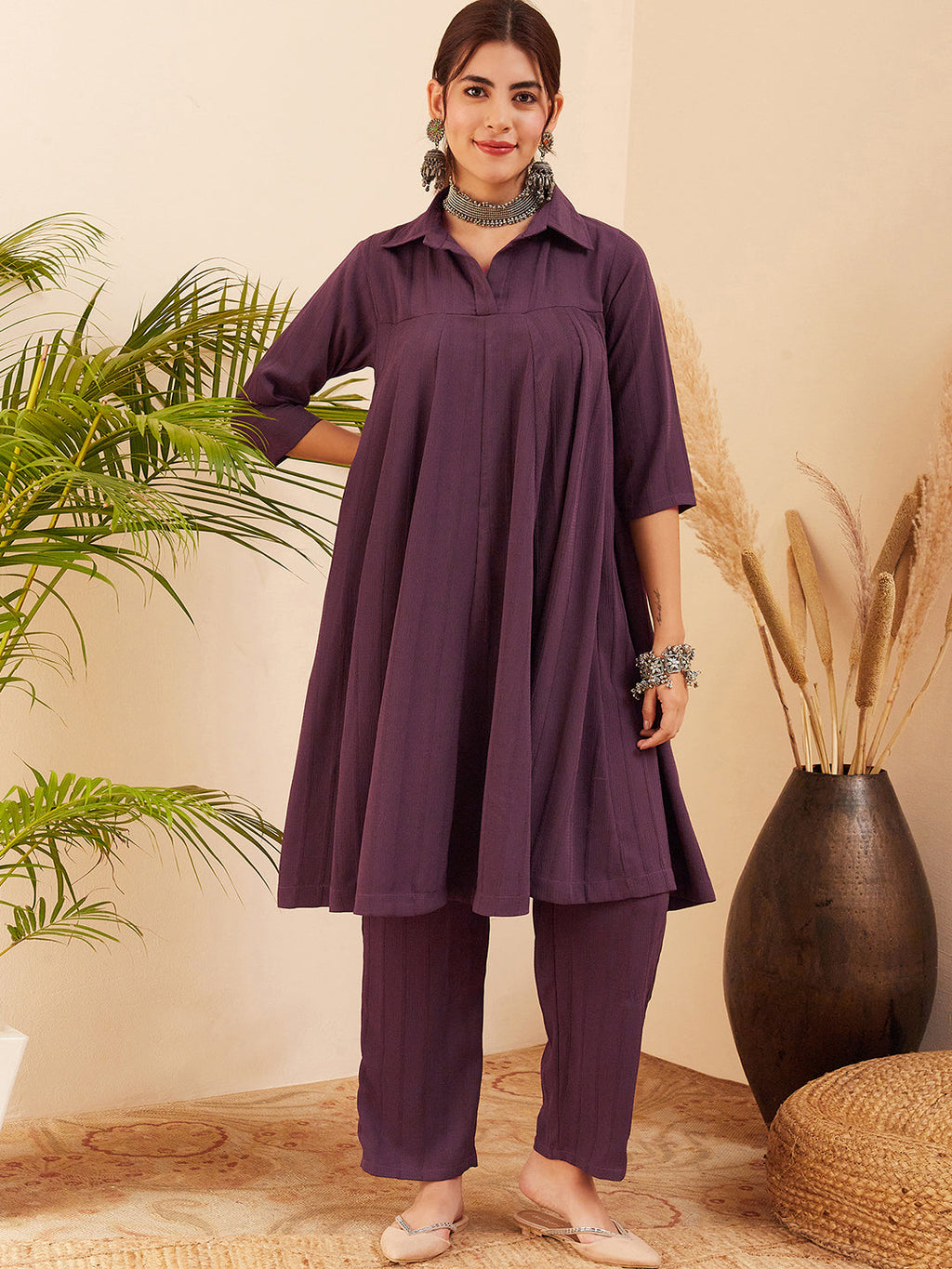 InWeave Women's Graphite Grey Collared Neck Flared Kurta Pant Set