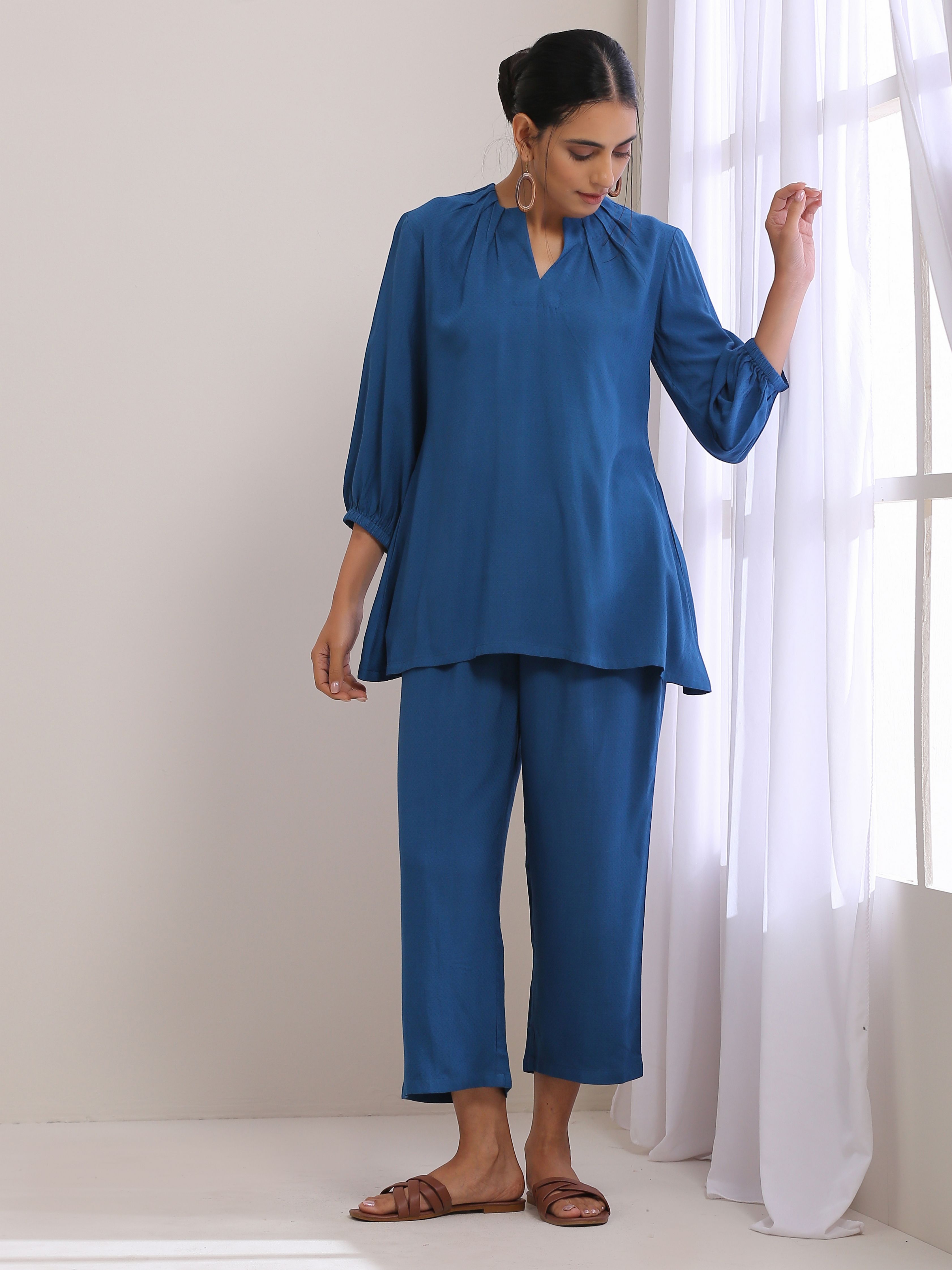 trueBrowns Classic Blue Dobby Pleated Co-Ord Set