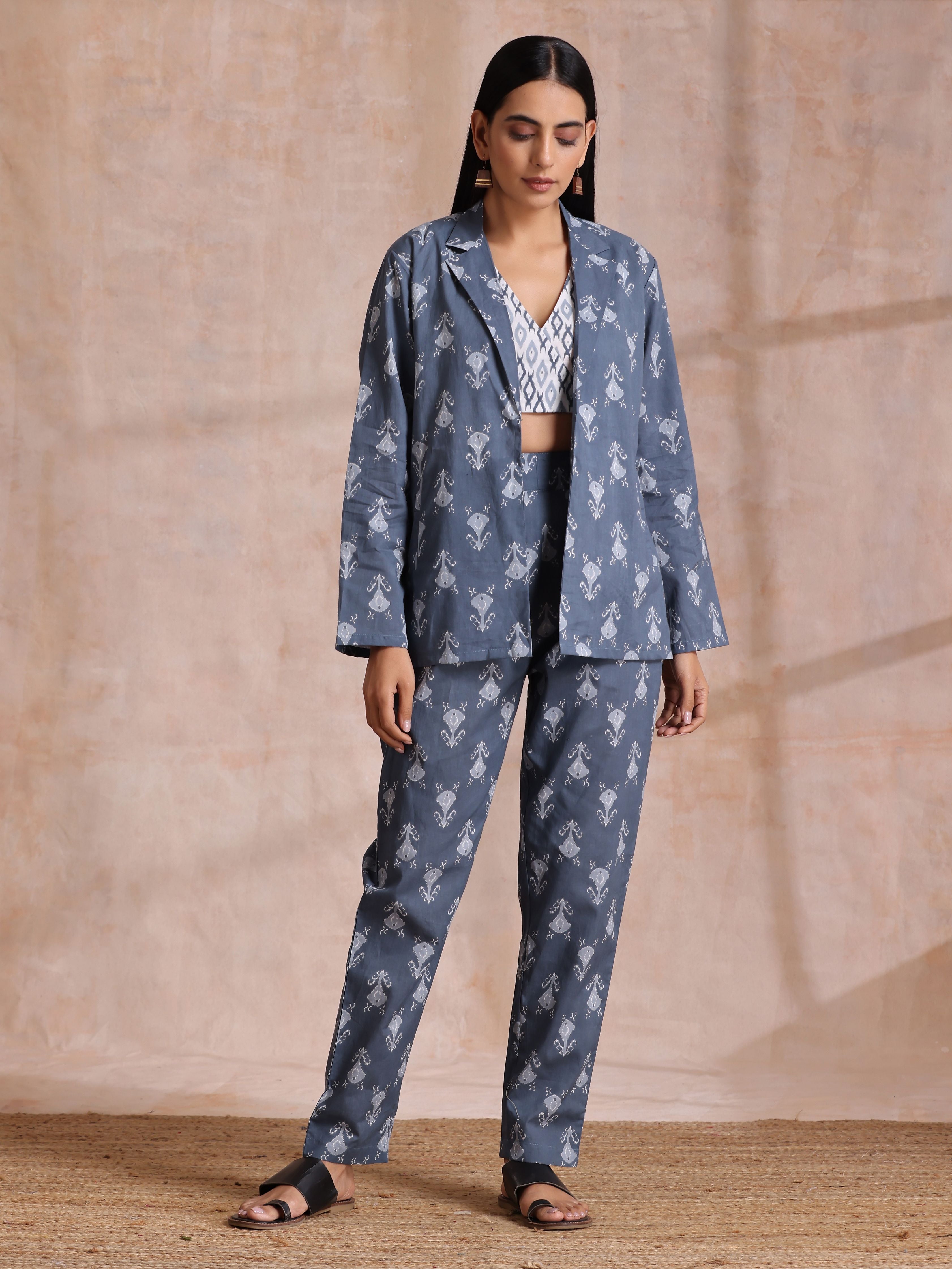 trueBrowns Grey On Grey Ikat Print Cotton Pant Suit Set