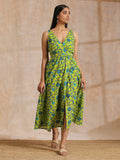 trueBrowns Lime Green Overall Teal Floral Block Print Cotton Sleeveless Wrap Dress