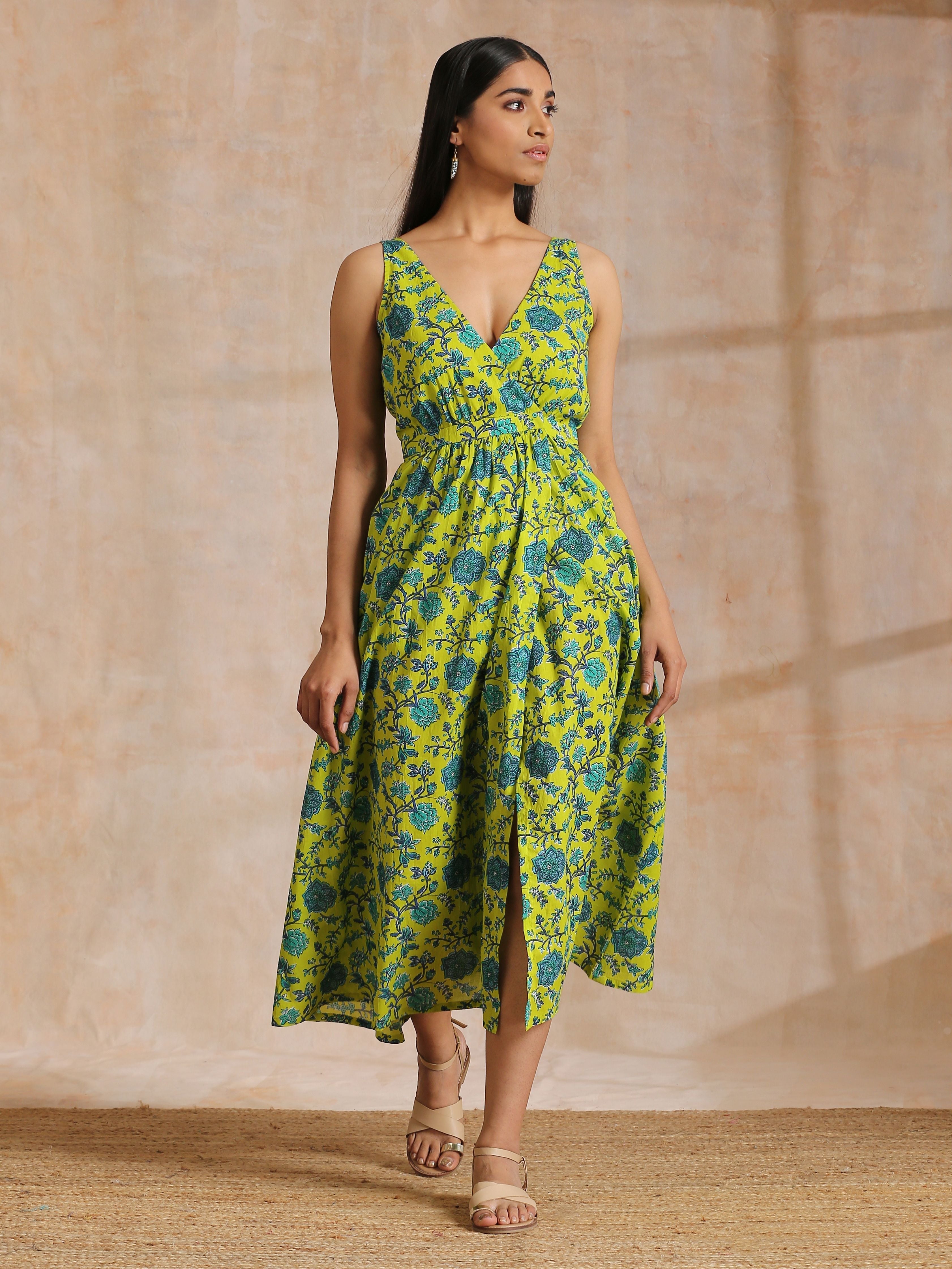 trueBrowns Lime Green Overall Teal Floral Block Print Cotton Sleeveless Wrap Dress