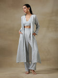 trueBrowns Grey Bandhani Printed Silk Overlay Jacket Blouse Pant Set