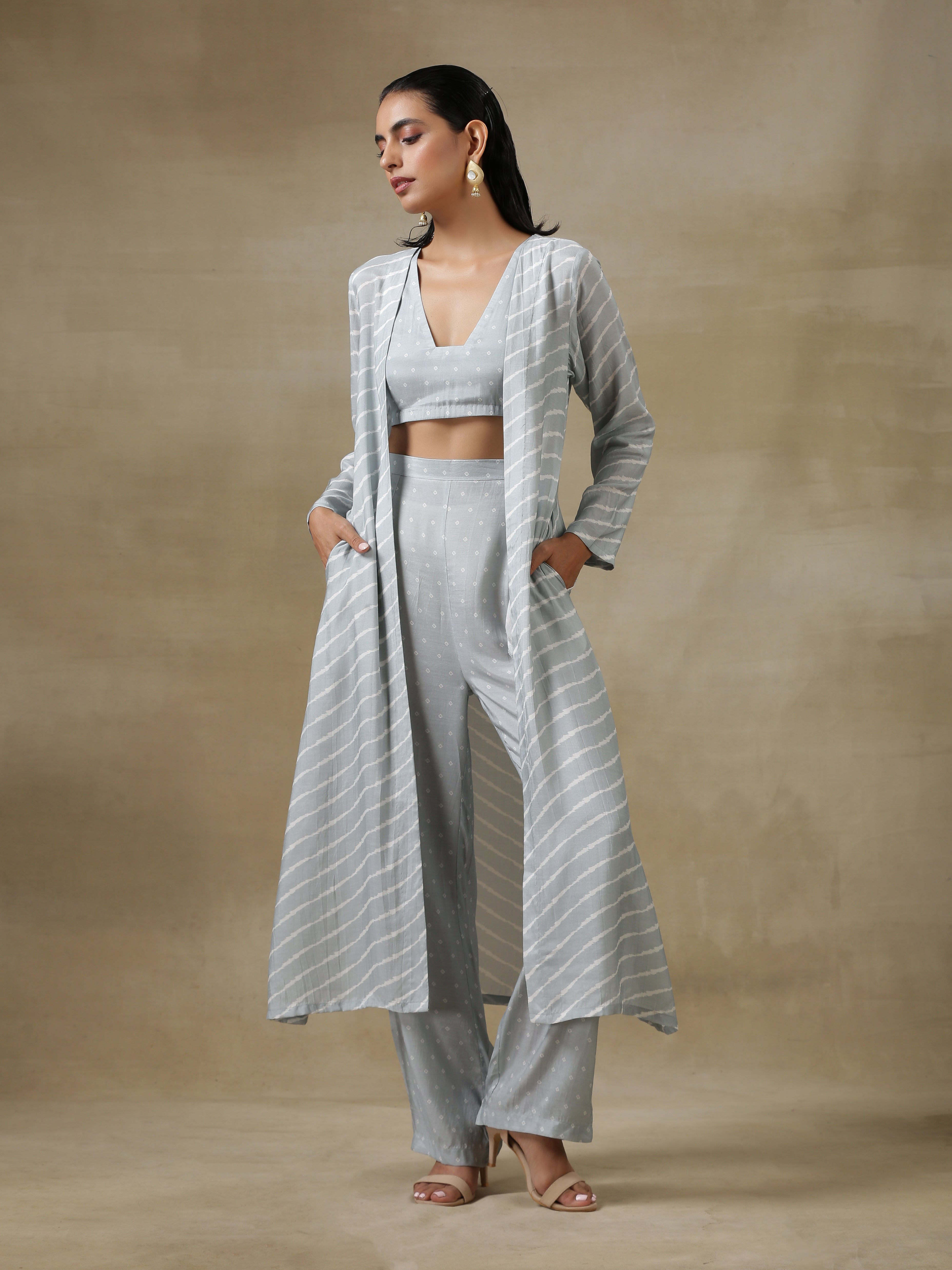 trueBrowns Grey Bandhani Printed Silk Overlay Jacket Blouse Pant Set