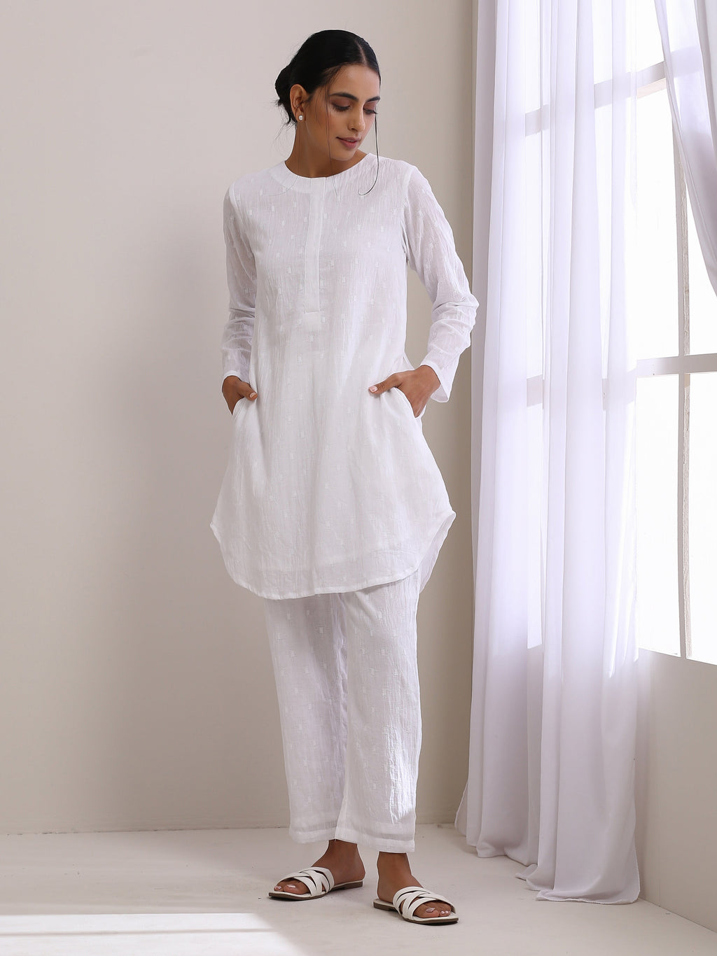 trueBrowns White Dobby Front Placket Co-Ord Set