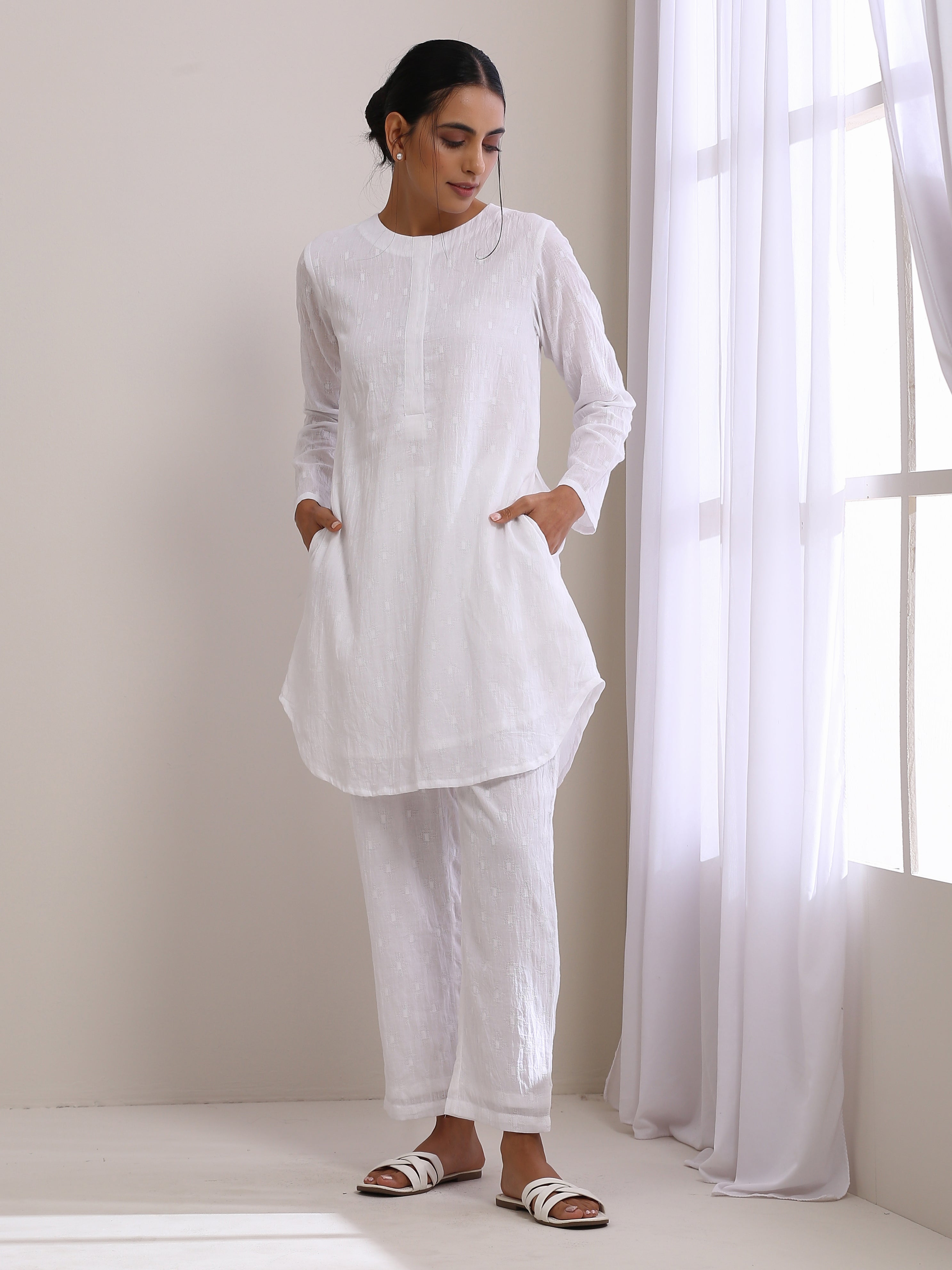 trueBrowns White Dobby Front Placket Co-Ord Set
