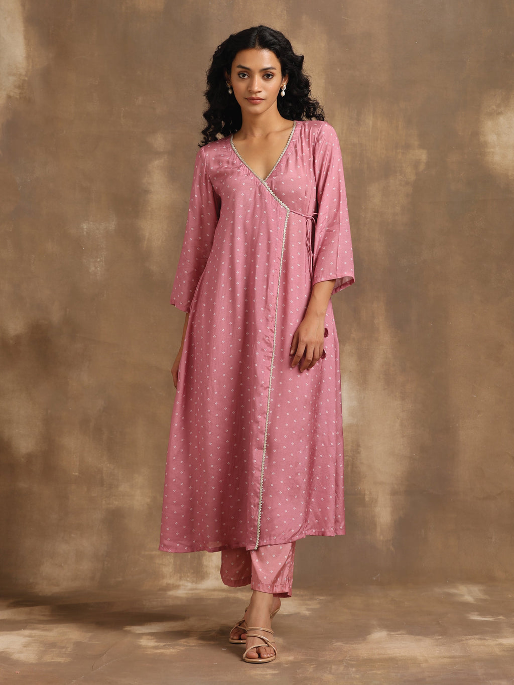 trueBrowns Light Mauve Bandhani Printed Silk Angrakha Kurta Pant Set