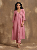 trueBrowns Light Mauve Bandhani Printed Silk Angrakha Kurta Pant Set