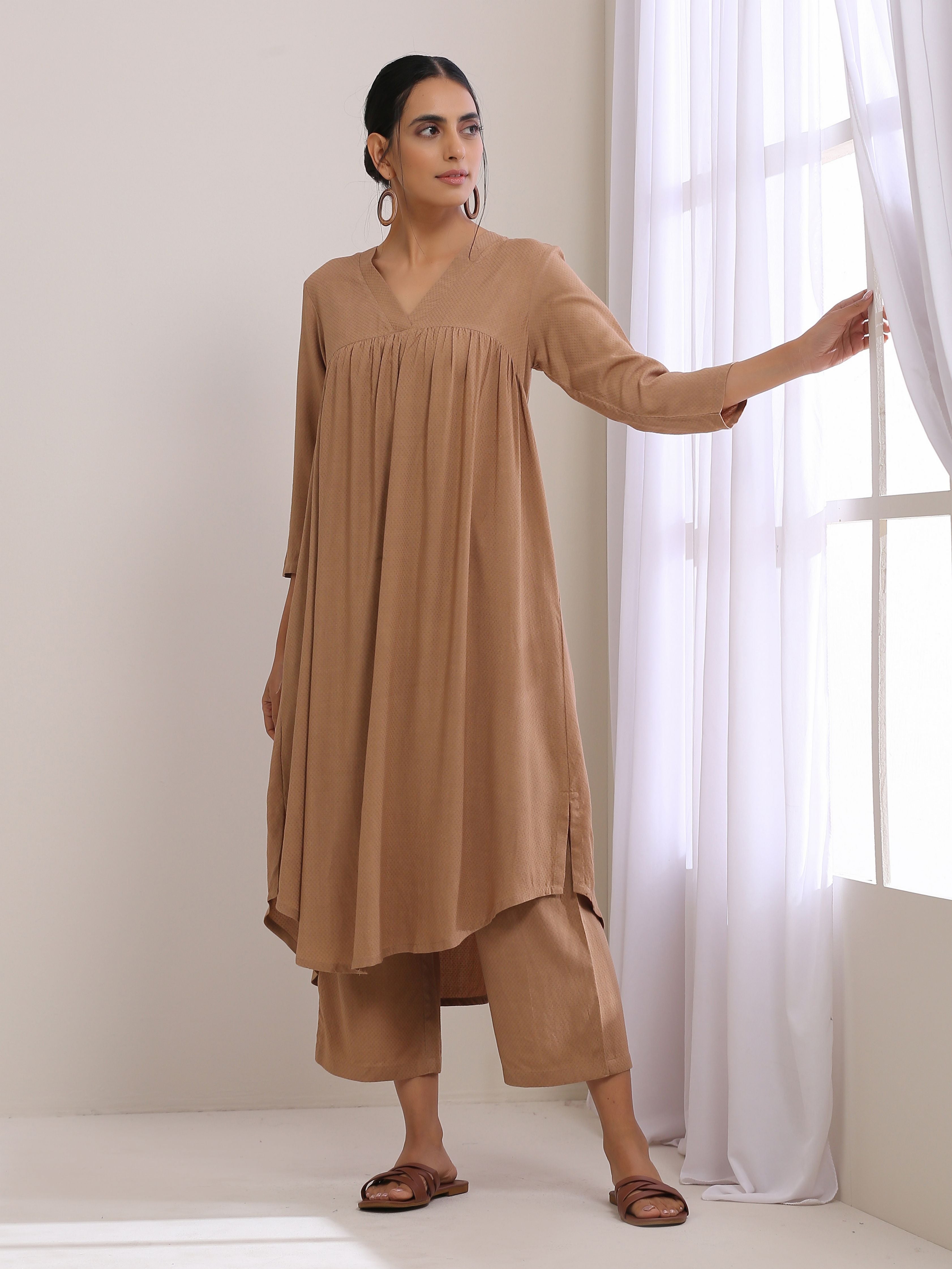 trueBrowns Beige Dobby Gathered Kurta Pant Set