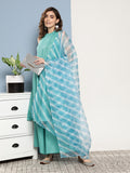 InWeave Women's Teal Lurex Boho Kurta Set With Sky Blue White Leh Dupatta
