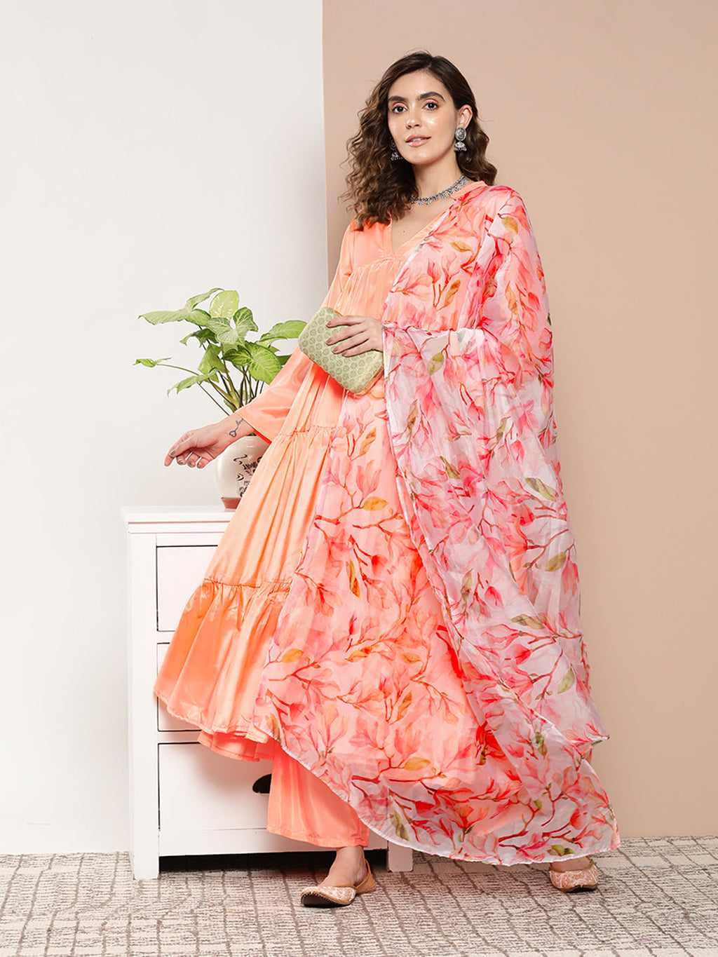 InWeave Women's Peach Tiered Anarkali Kurta Set