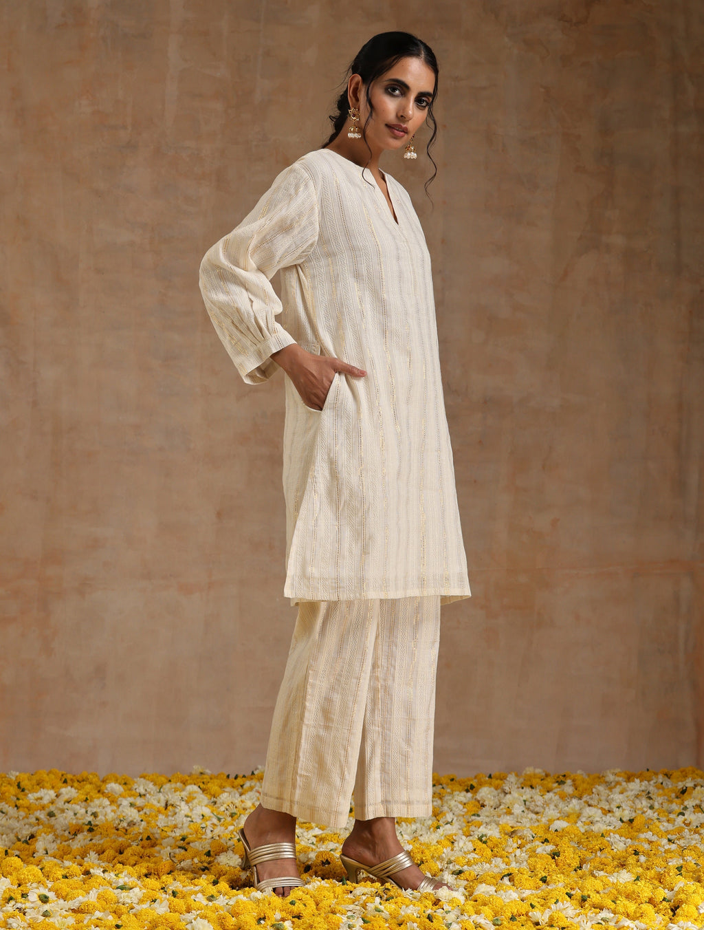trueBrowns Ivory Gold Cotton Relaxed Co-Ord Set