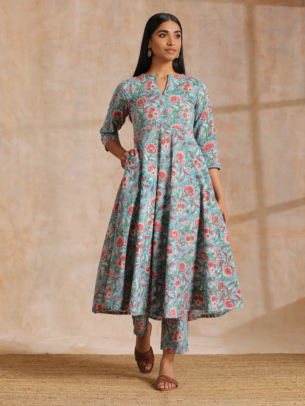 trueBrowns Turkish Blue Overall Floral Block Print Cotton Flared Kurta Pant Set