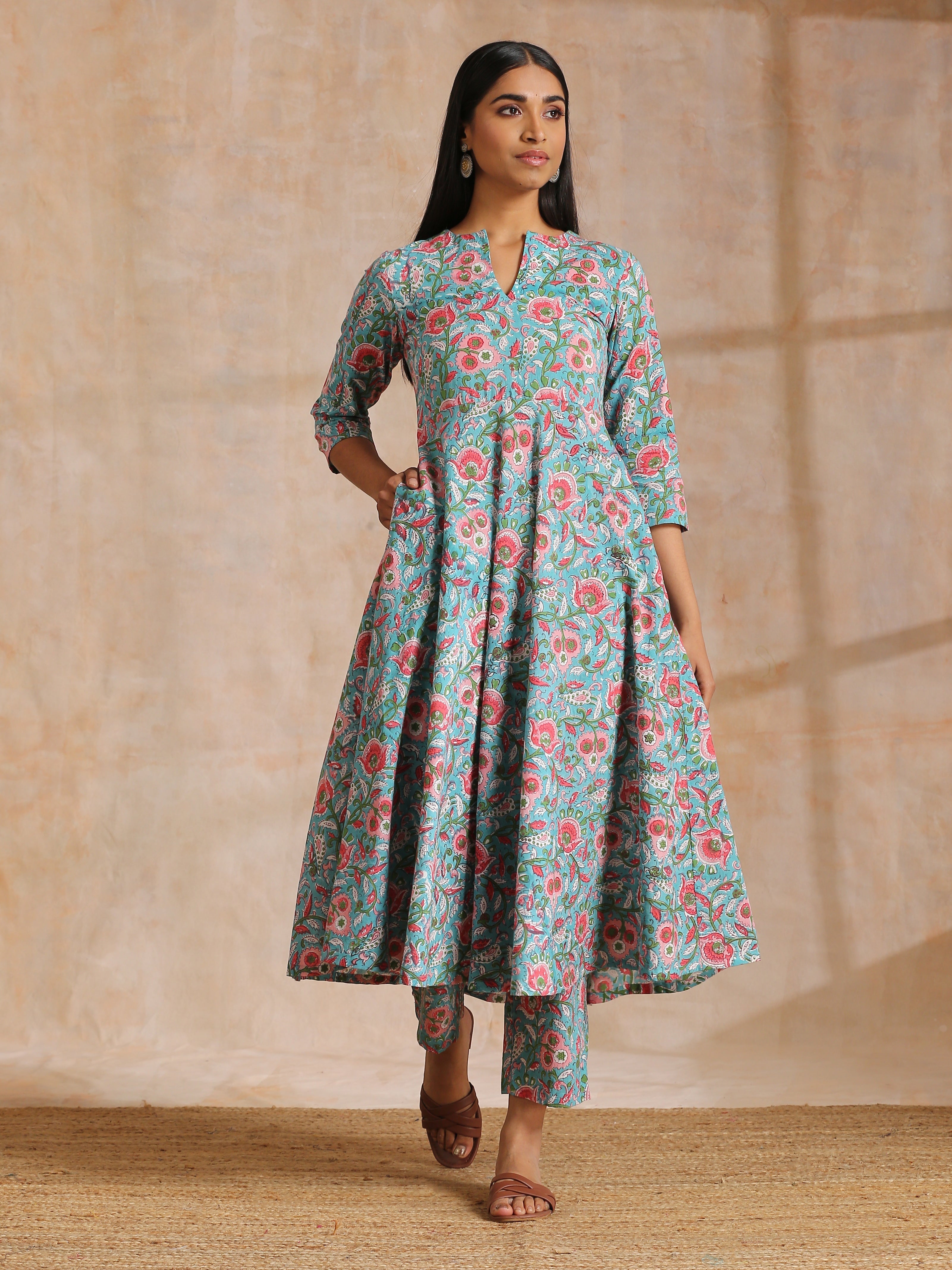trueBrowns Turkish Blue Overall Floral Block Print Cotton Flared Kurta Pant Set