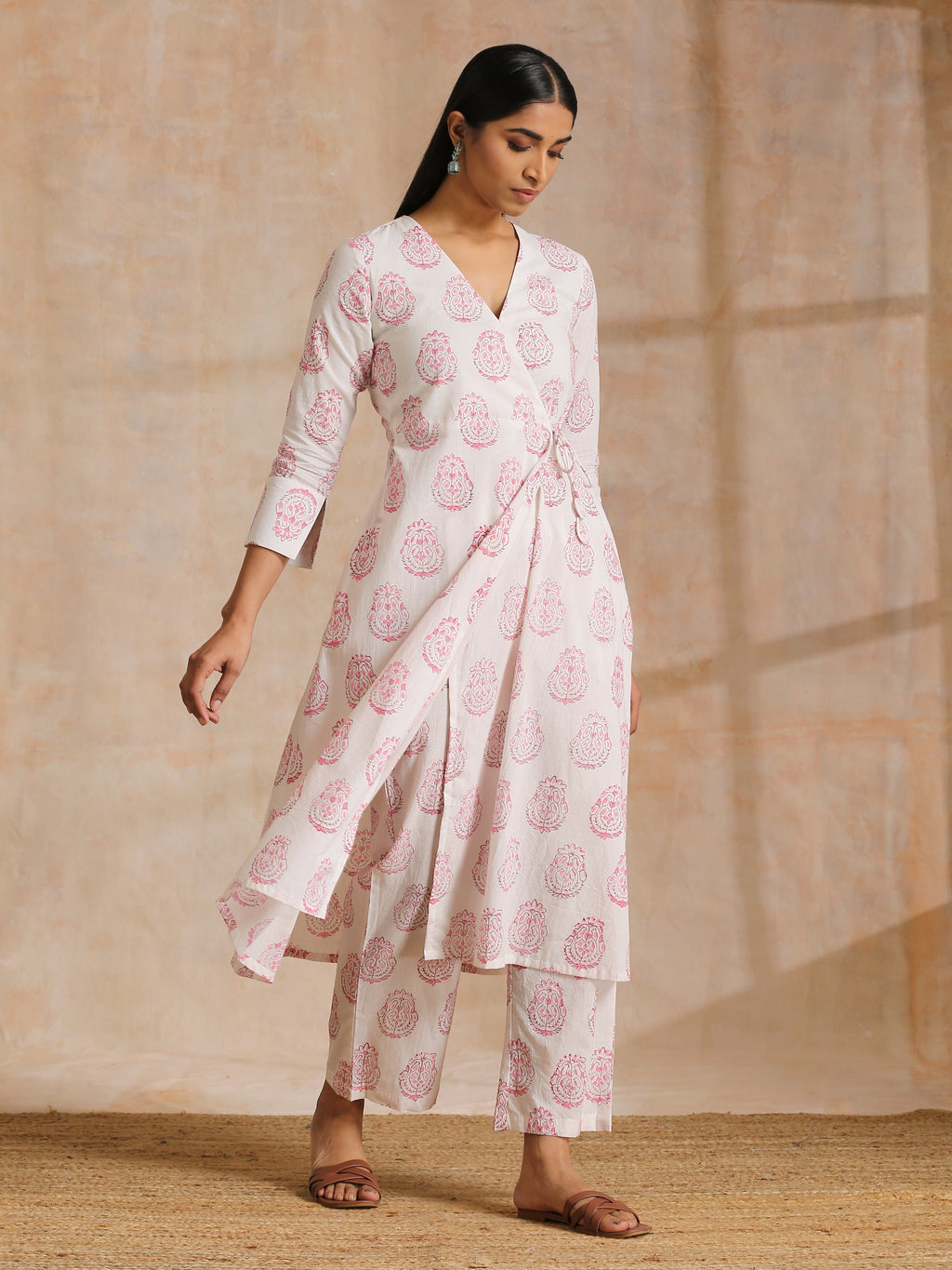trueBrowns Pink Big Buta On White Print Cotton Angrakha Kurta Pant Set