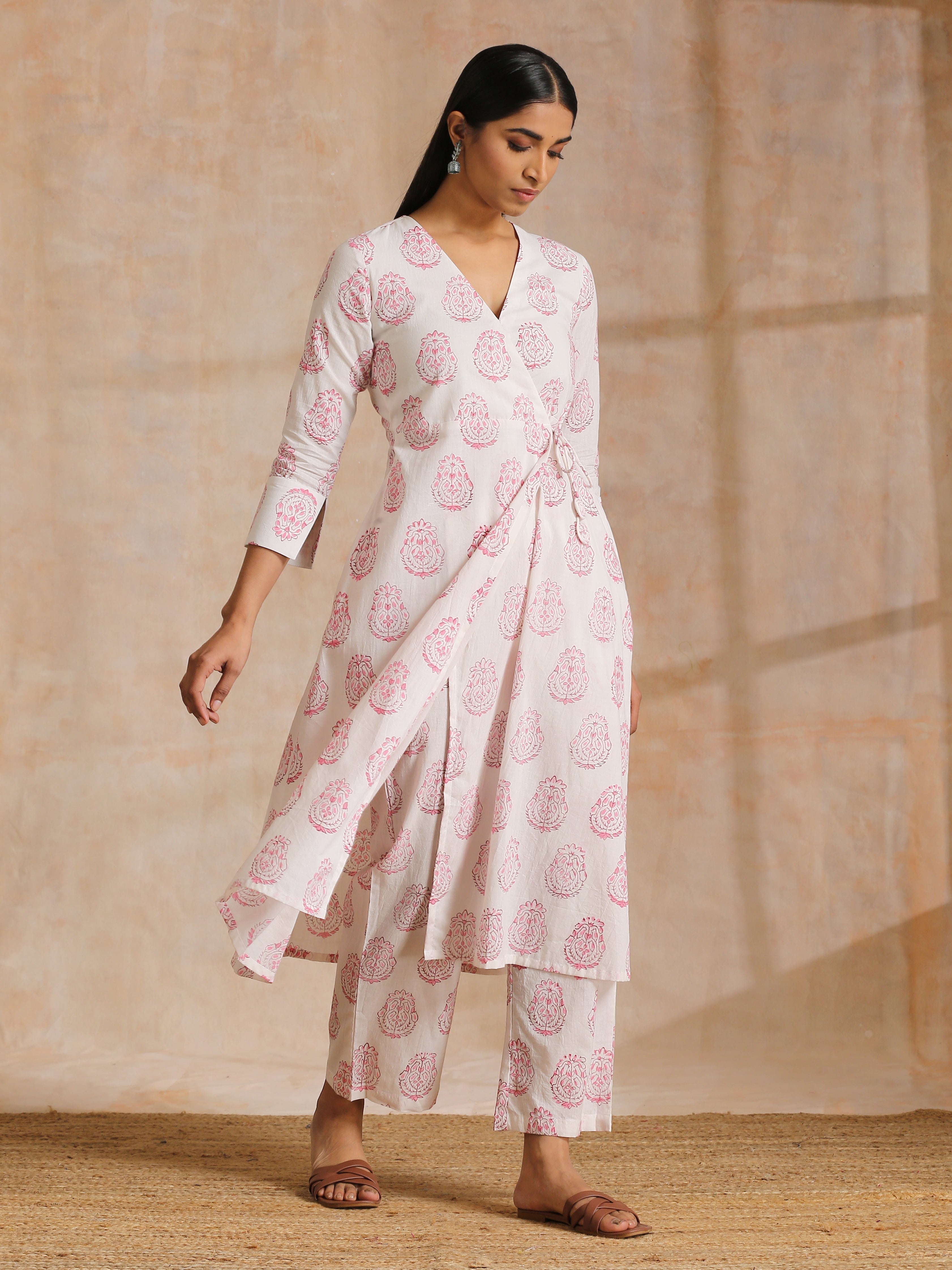 trueBrowns Pink Big Buta On White Print Cotton Angrakha Kurta Pant Set