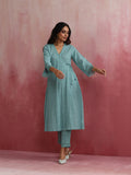 trueBrowns Aqua Blue Cotton Dobby Angrakha Kurta Set