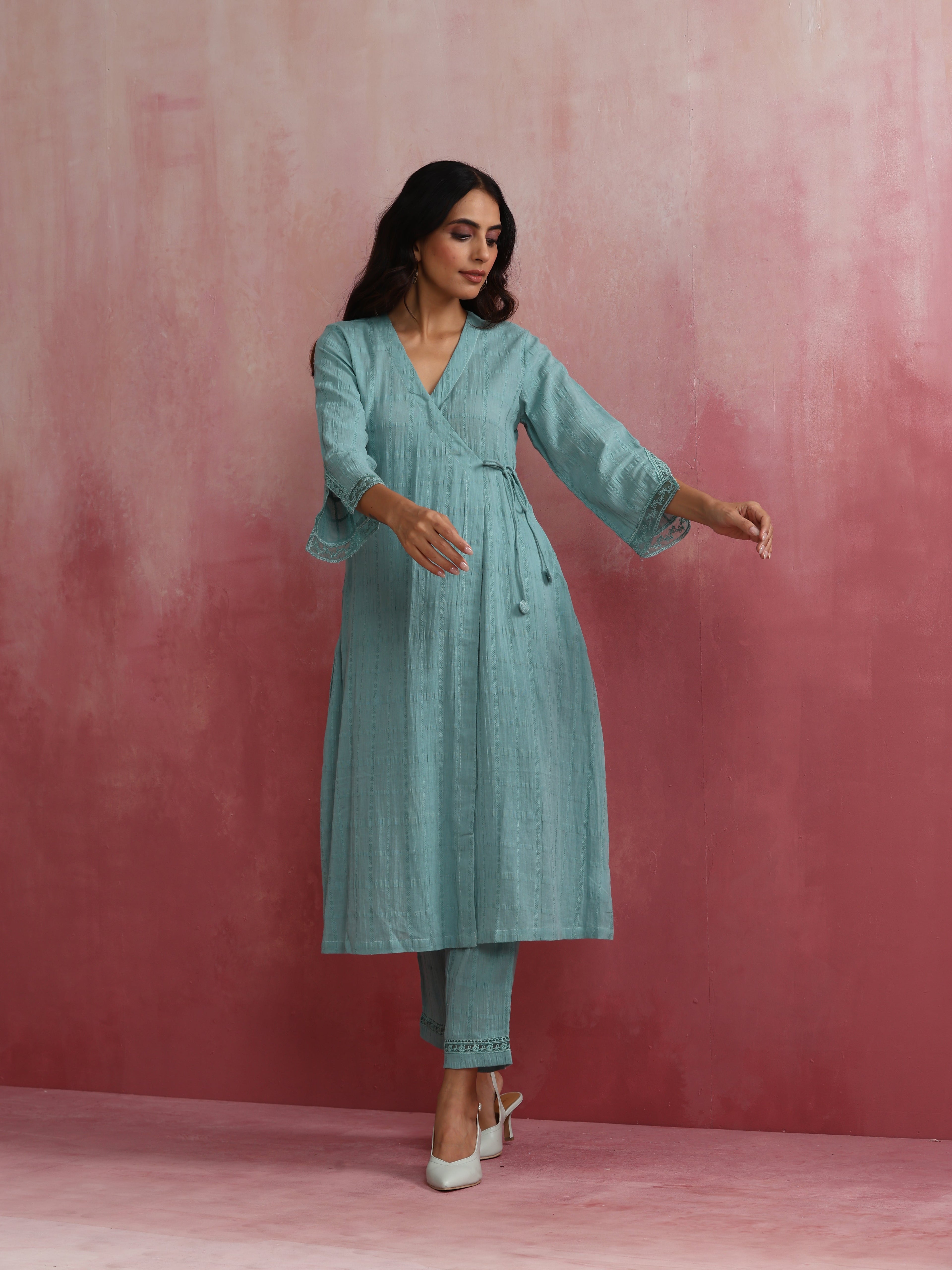 trueBrowns Aqua Blue Cotton Dobby Angrakha Kurta Set