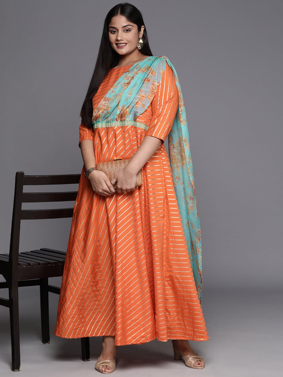Ahalyaa Plus Size Boat neck Maxi Ethnic Dress
