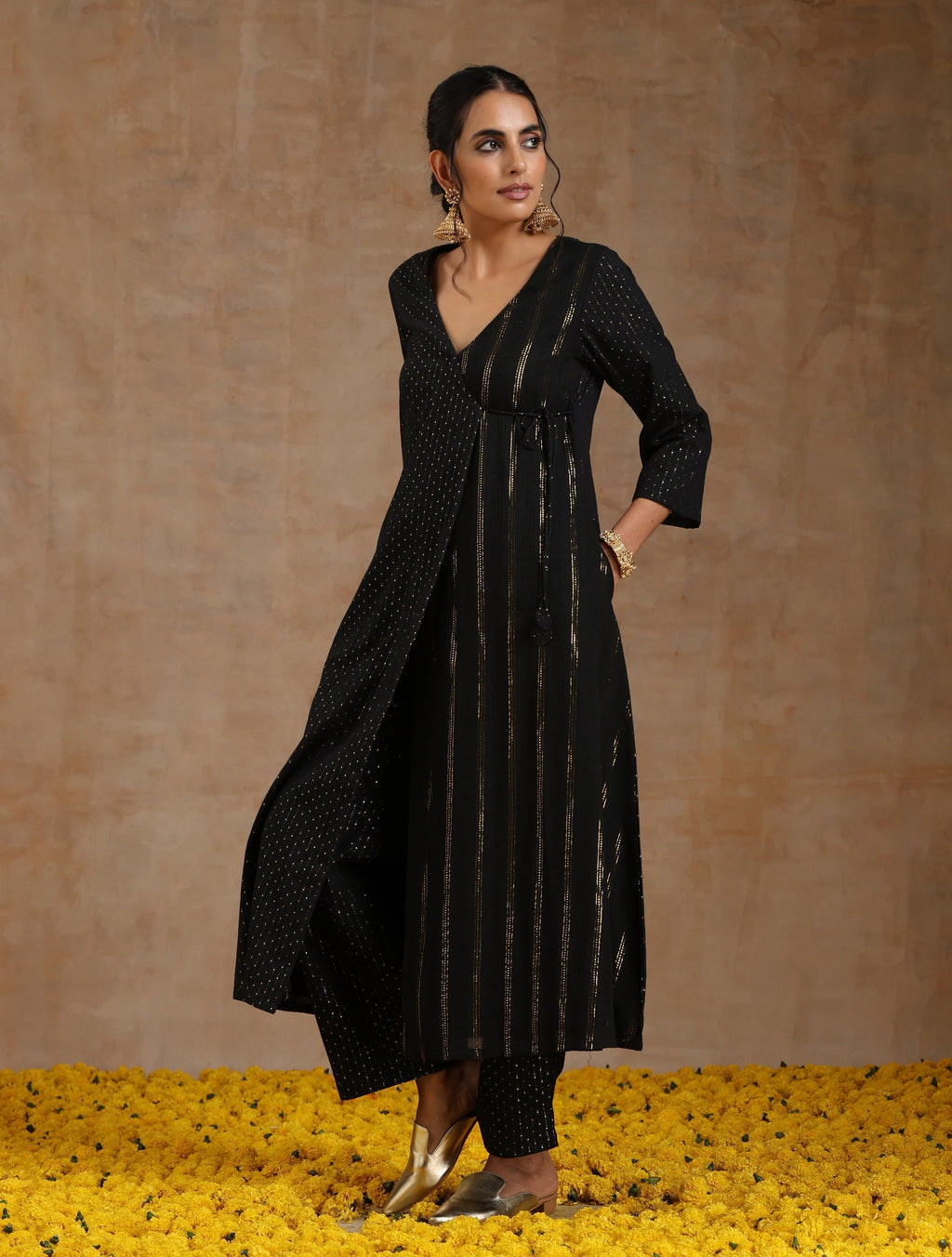 trueBrowns Black Gold Cotton Angrakha Kurta Set