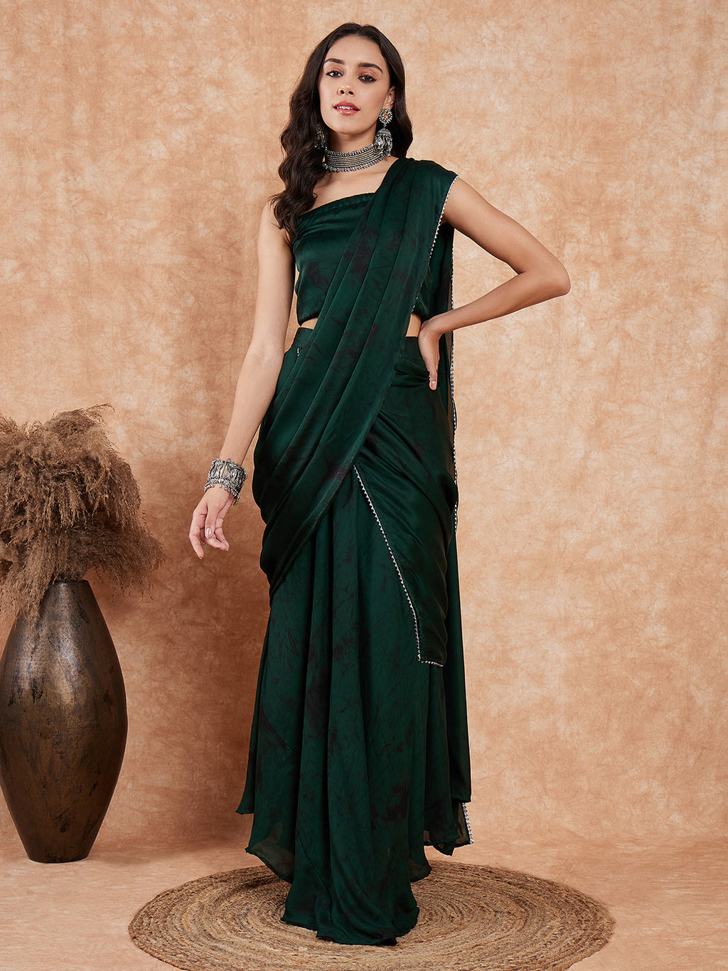 InWeave Women's Dark Green Black Gota Skirt Saree