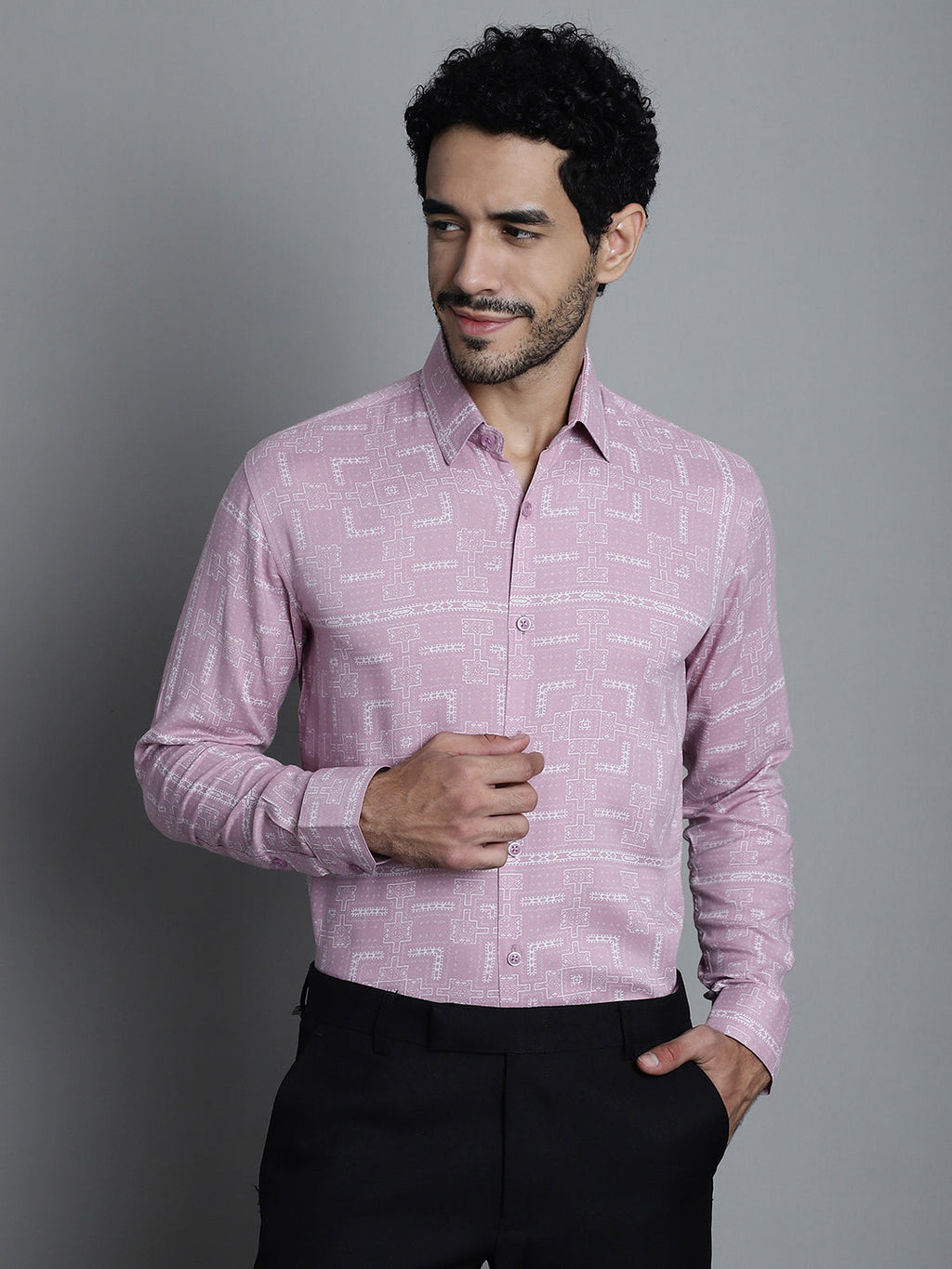 Jainish Men's Geomatric Printed Formal Shirts - Magenta