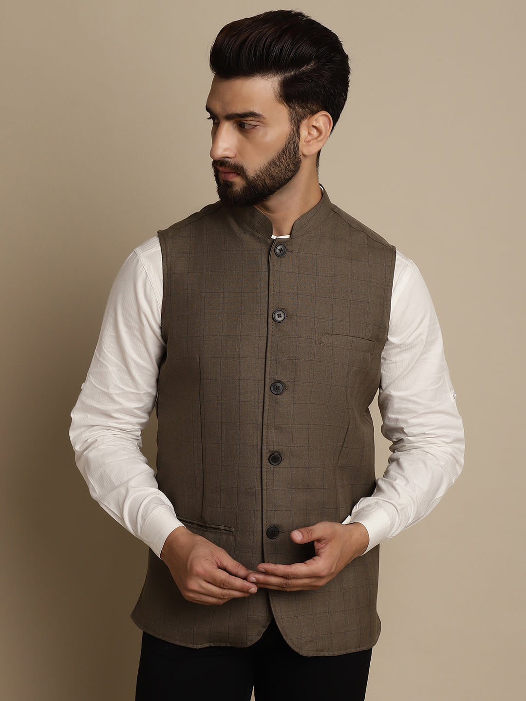Even Apparels Men's Brown Mandarin Collar Waistcoat