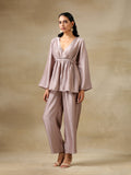trueBrowns Grey Textured Silk Deep V-Neck Co-Ord Set