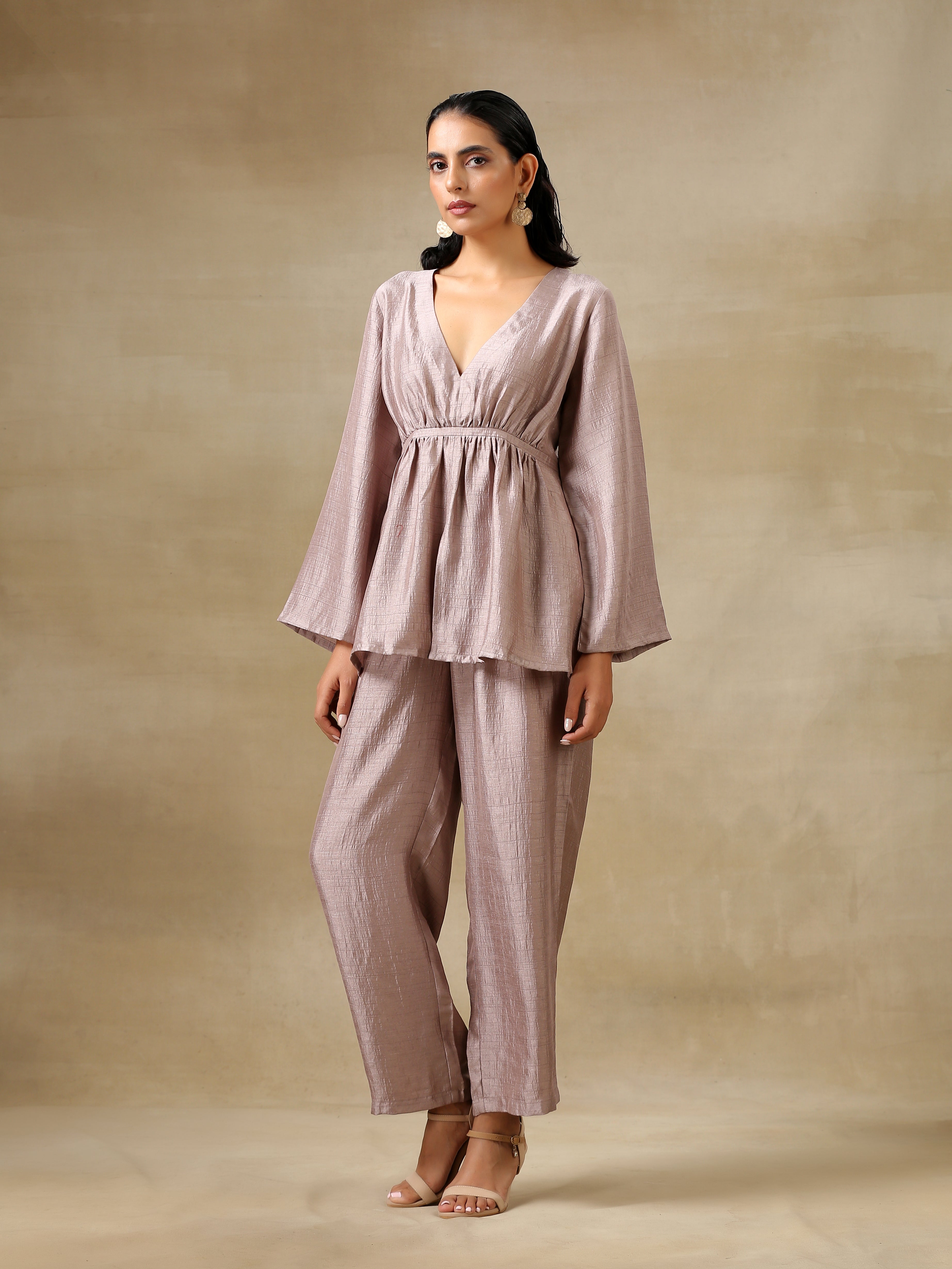 trueBrowns Grey Textured Silk Deep V-Neck Co-Ord Set