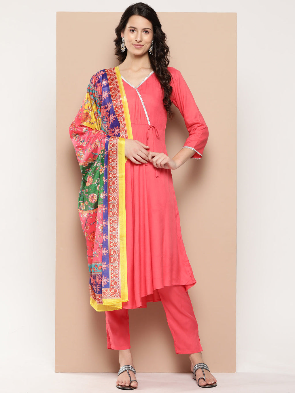 InWeave Women's Camelia Gota Angrakha Kurta Set W Yellow Orange Dupatta