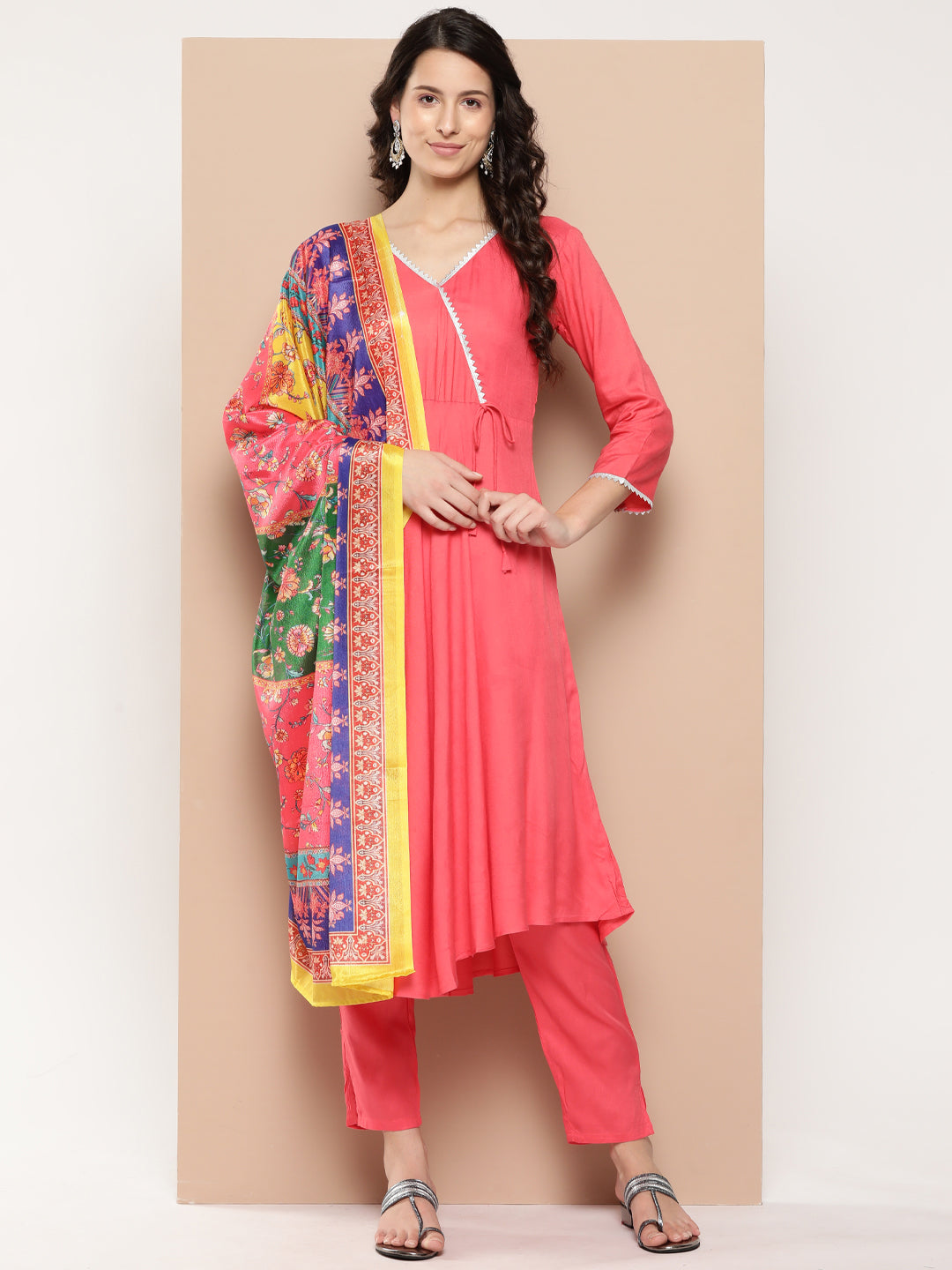 InWeave Women's Camelia Gota Angrakha Kurta Set W Yellow Orange Dupatta