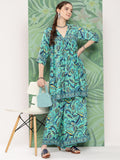 InWeave Women's Turquoise Blue Camelia Printed Ethnic Kurta Set